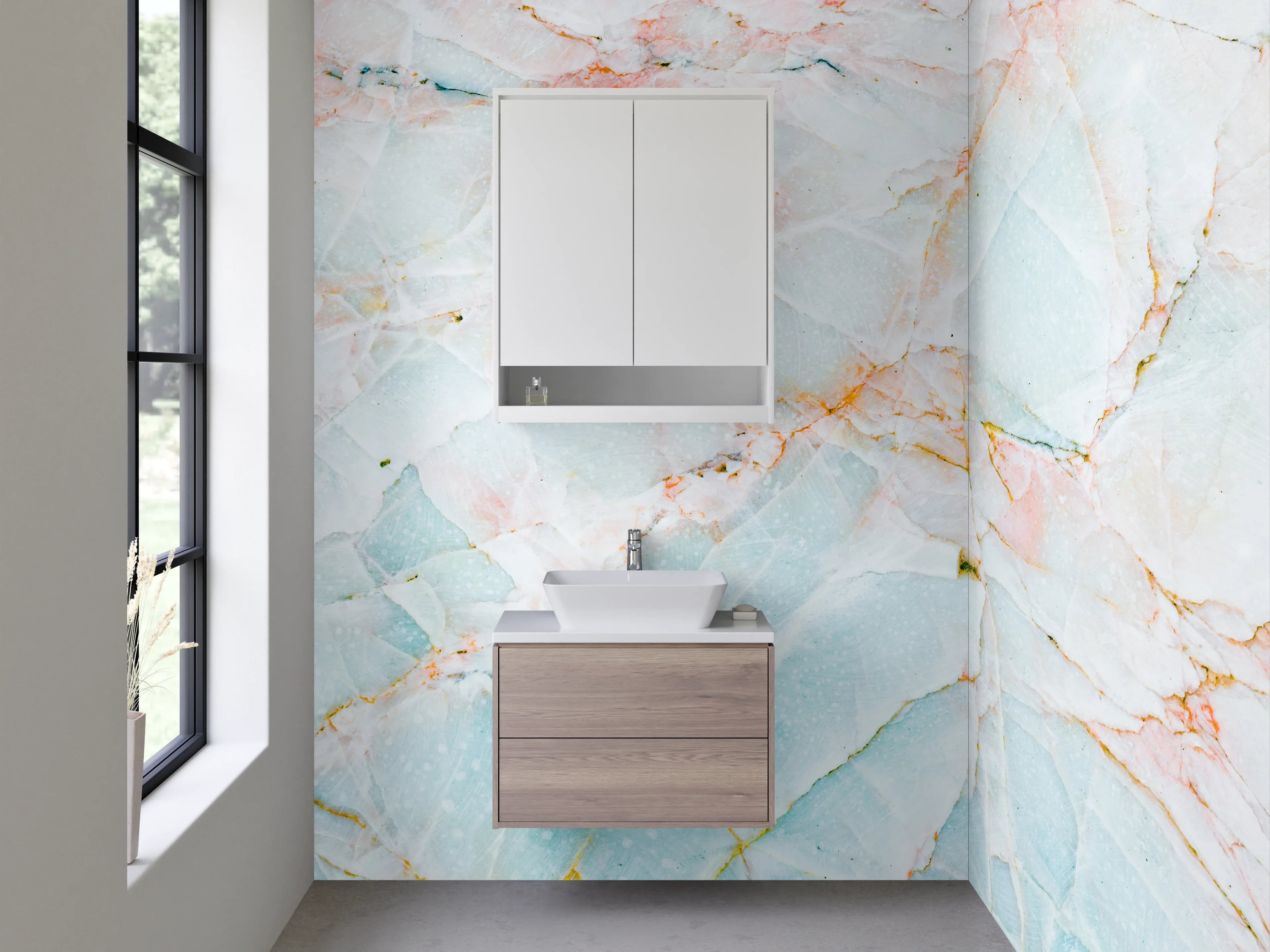 Waschbecken-Rückwand - Weißer Marmor mit Pastell-Akzenten