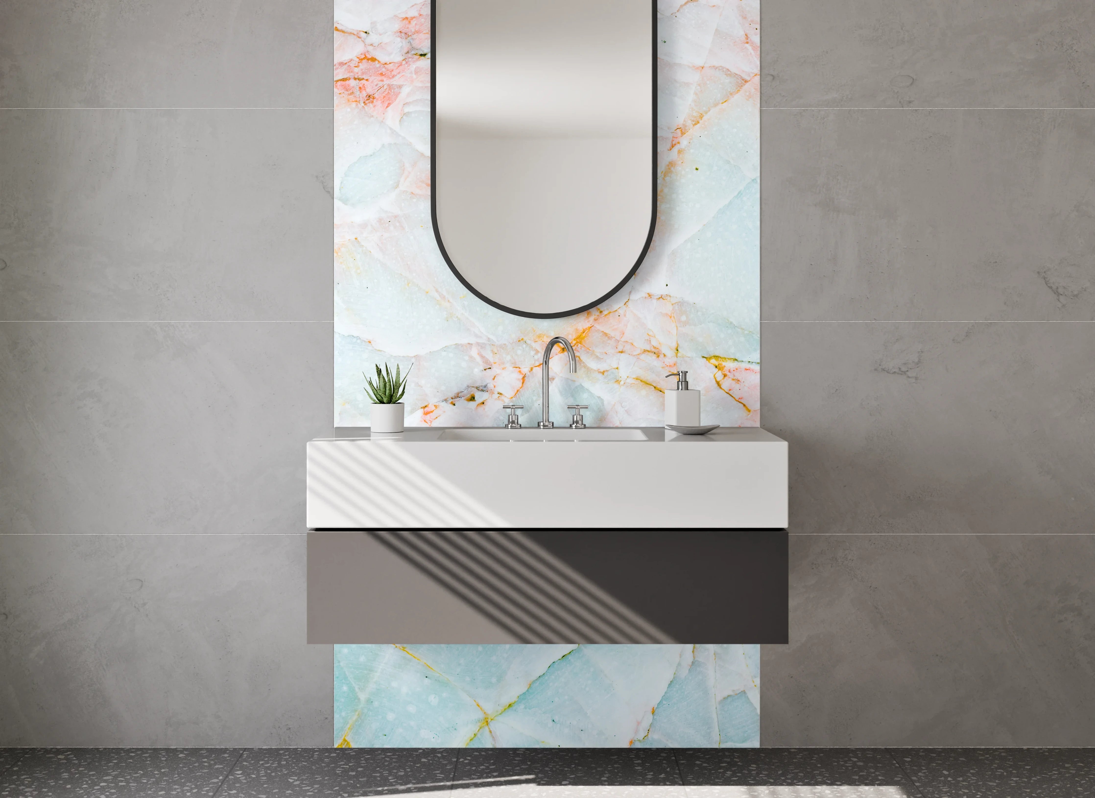 Waschbecken-Rückwand - Weißer Marmor mit Pastell-Akzenten