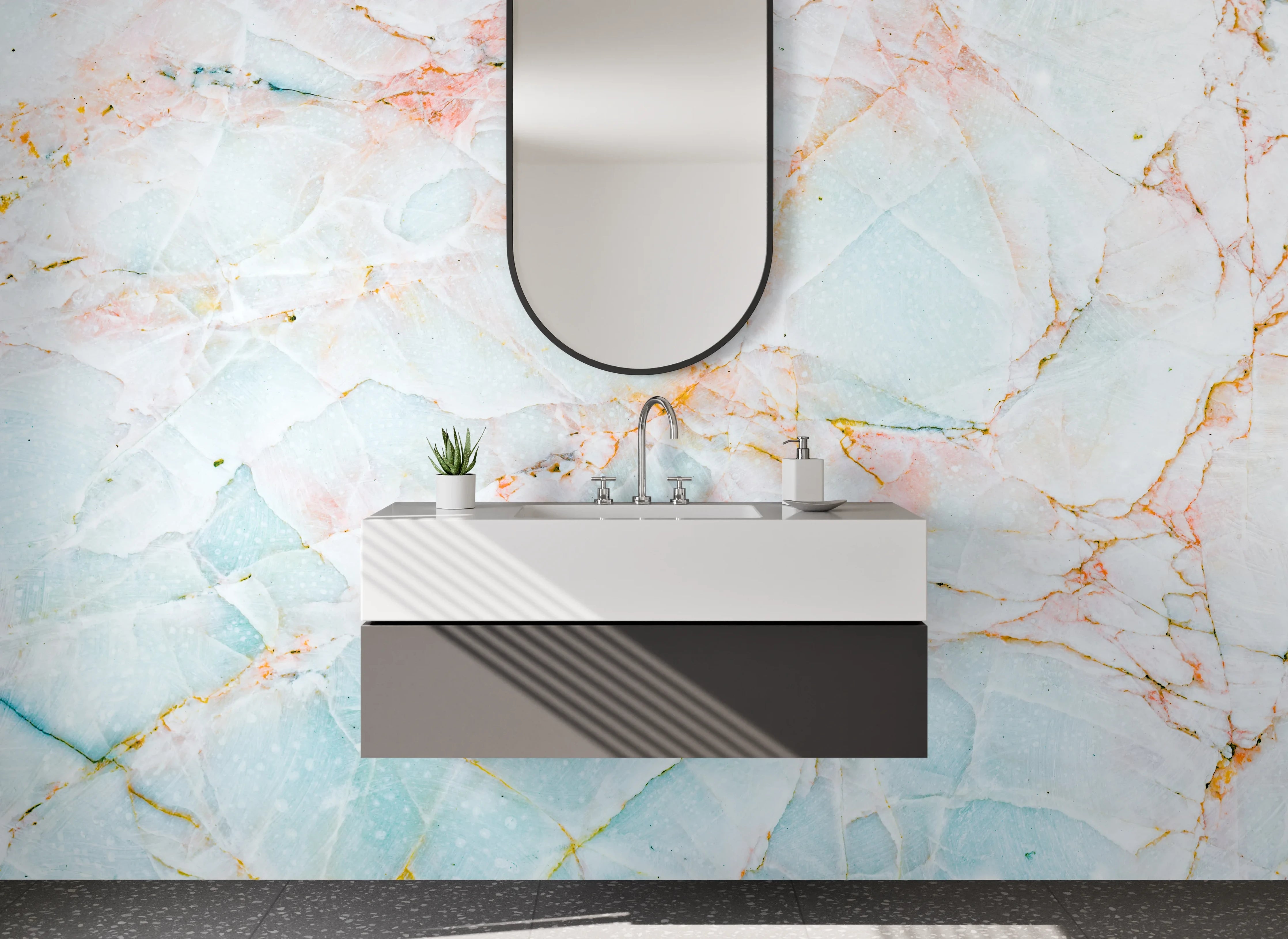 Waschbecken-Rückwand - Weißer Marmor mit Pastell-Akzenten