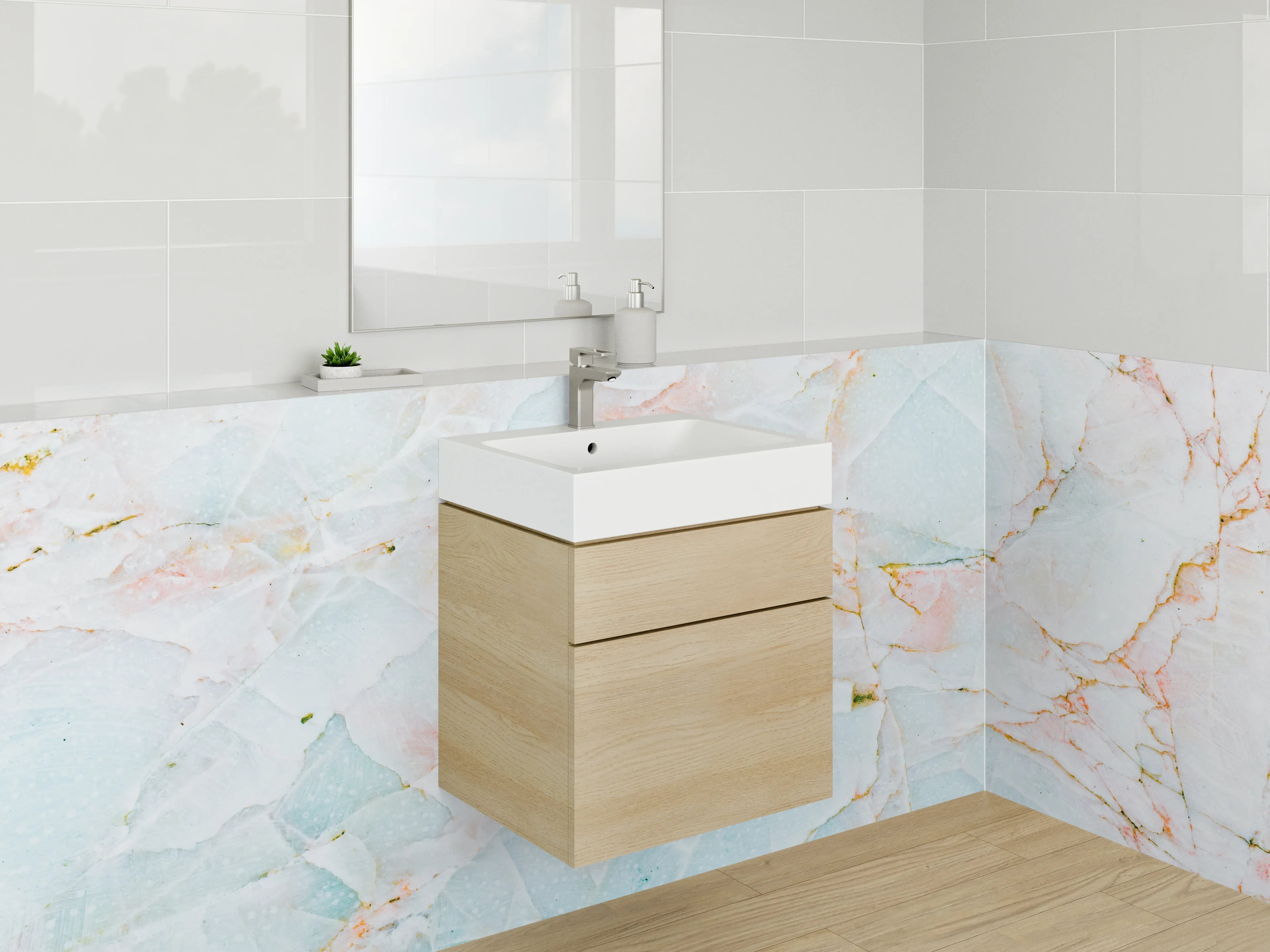 Waschbecken-Rückwand - Weißer Marmor mit Pastell-Akzenten