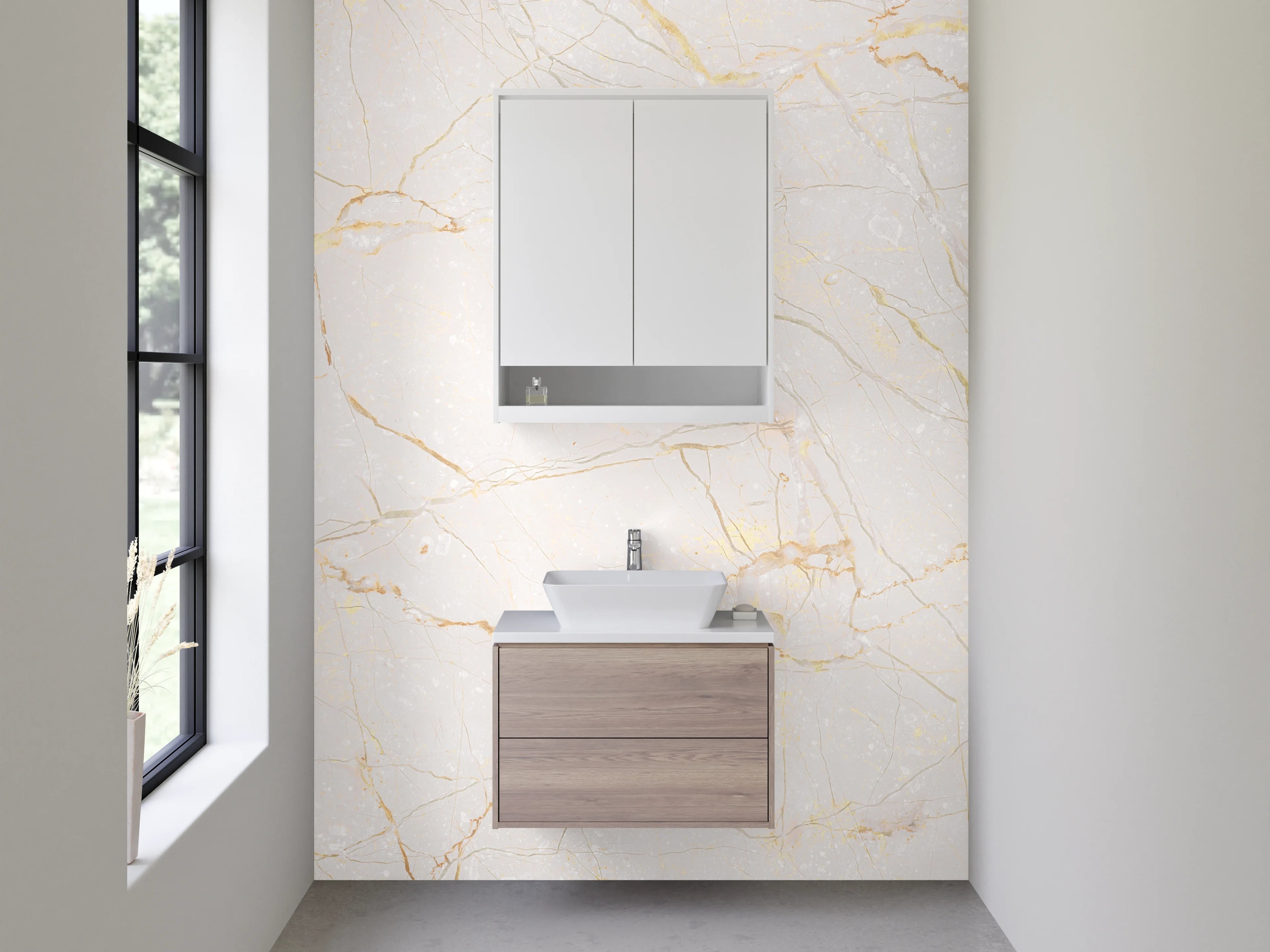 Waschbecken-Rückwand - Weißer Marmor mit feinen Goldadern