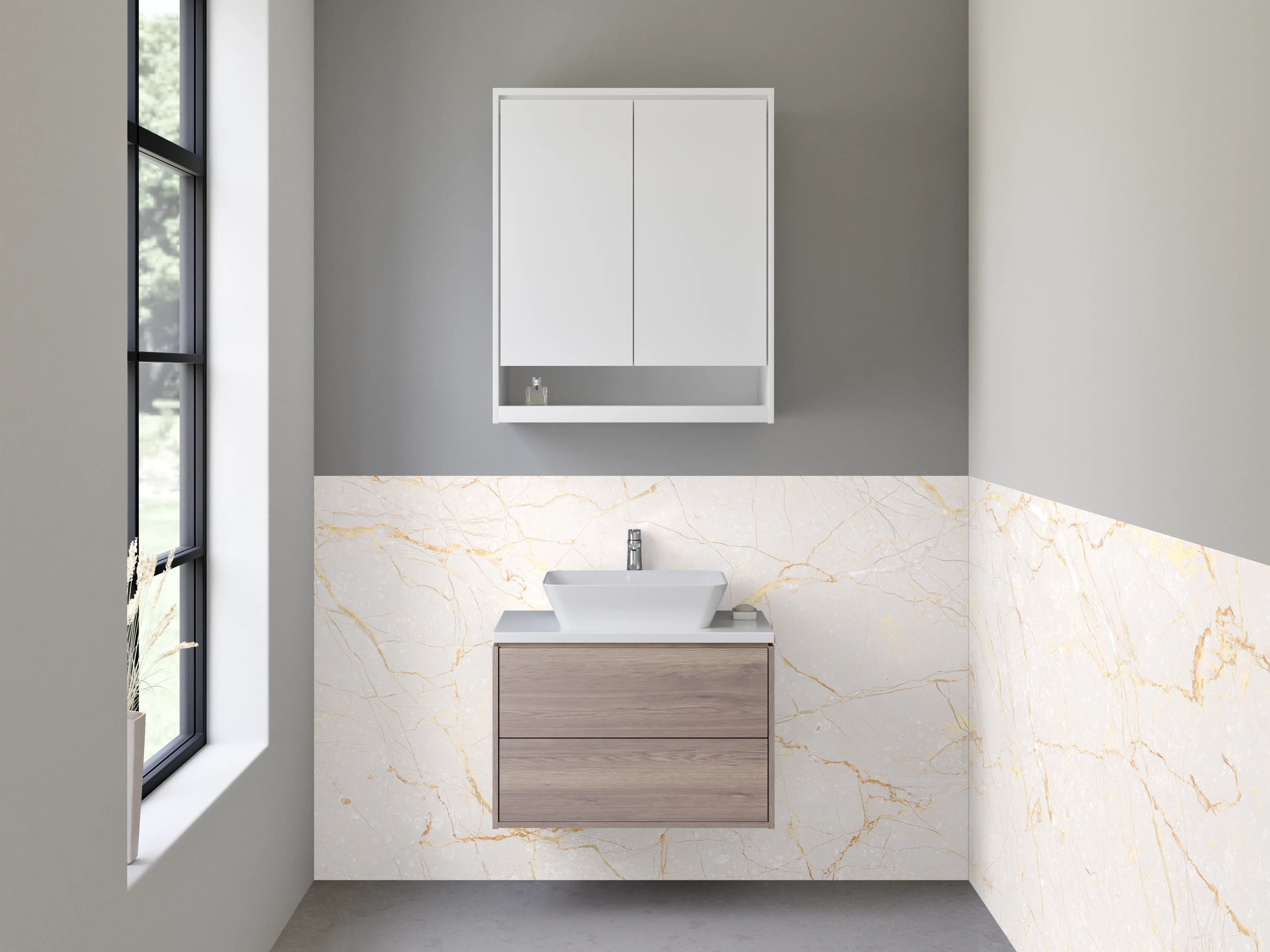 Waschbecken-Rückwand - Weißer Marmor mit feinen Goldadern