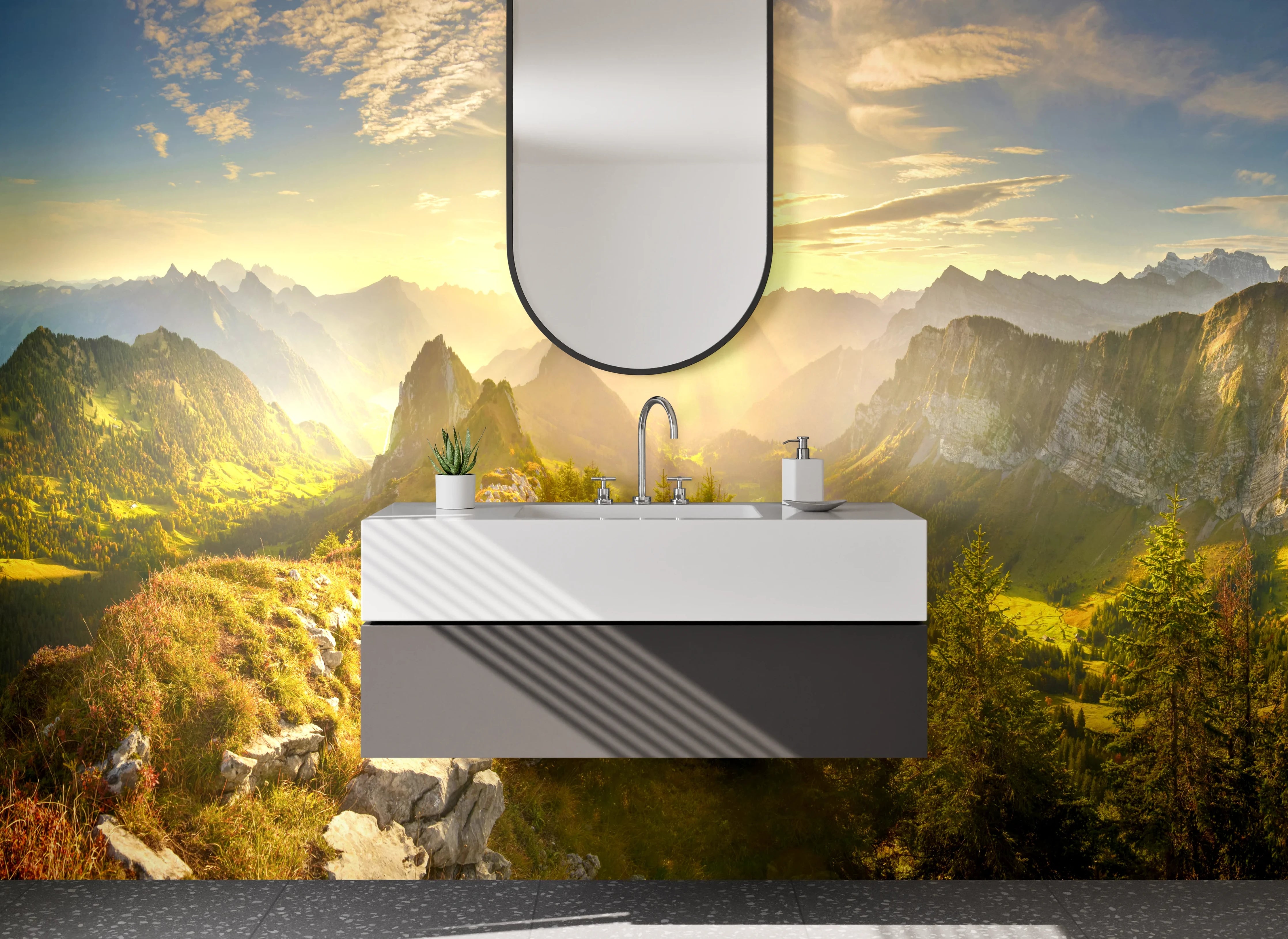 Waschbecken-Rückwand - Weißer Morgen im Berggipfel