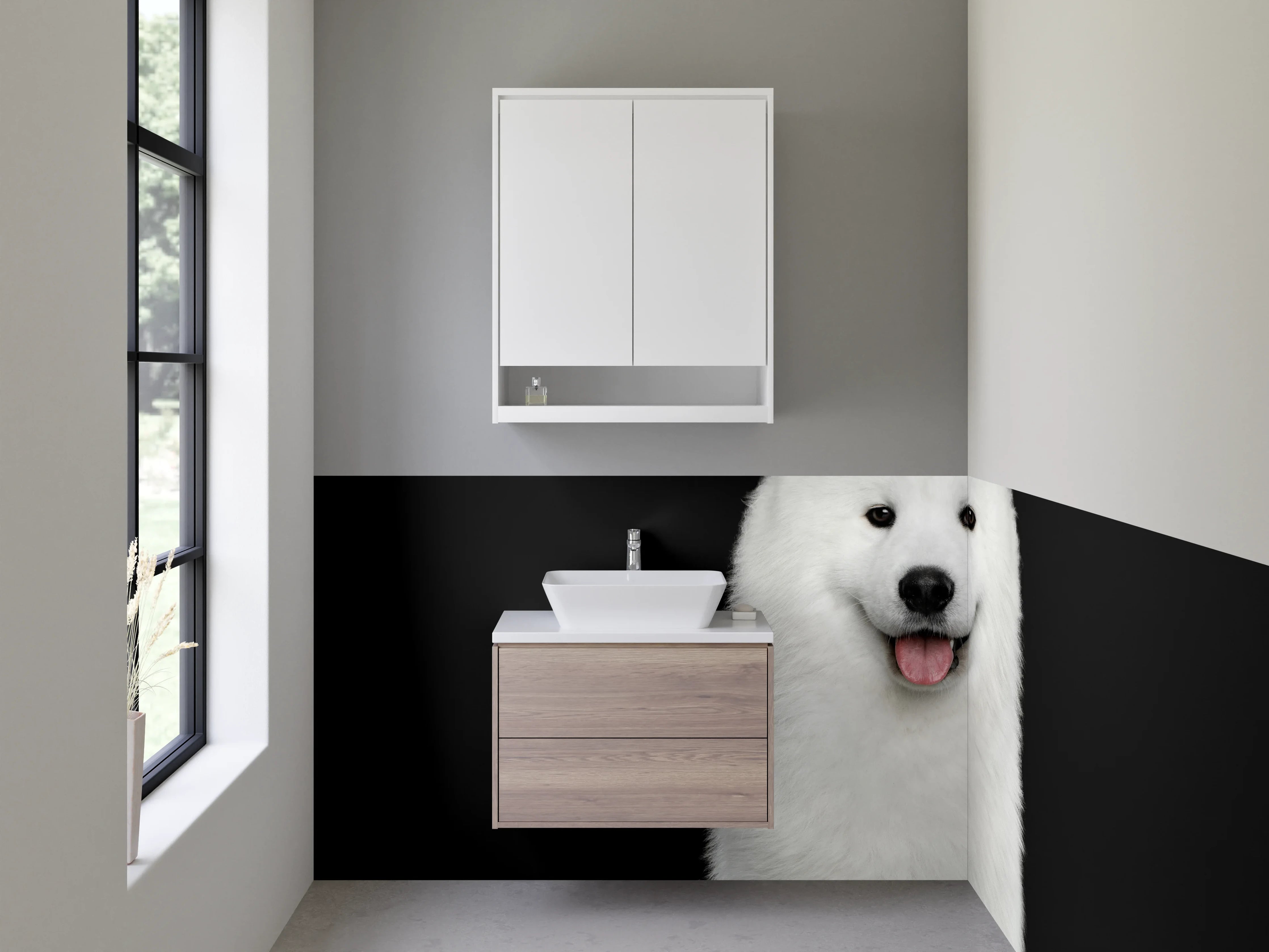 Waschbecken-Rückwand - Weißer Samojede Hund auf schwarzem Hintergrund