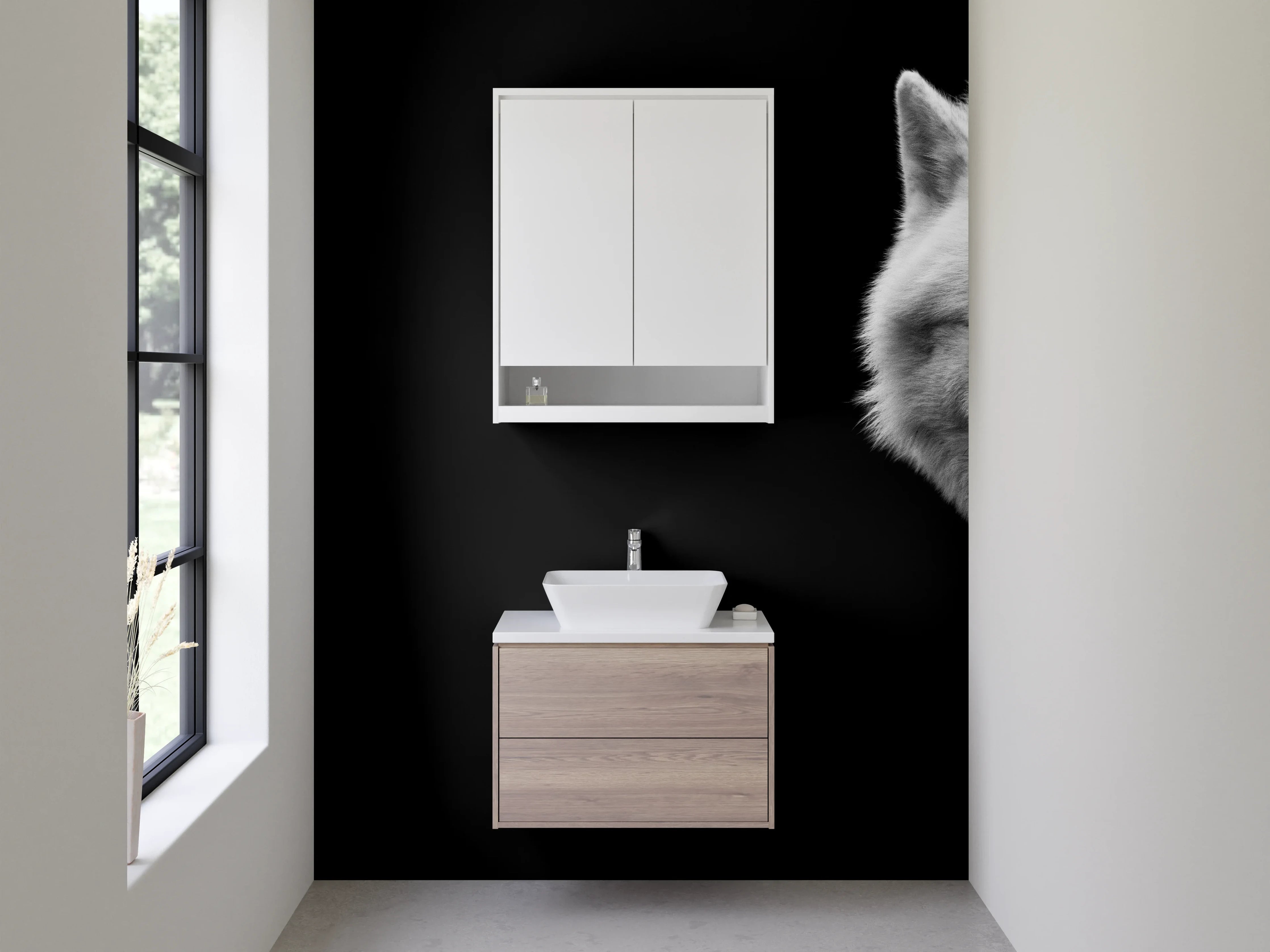 Waschbecken-Rückwand - Weißer Wolf Schwarz-Weiß Motiv