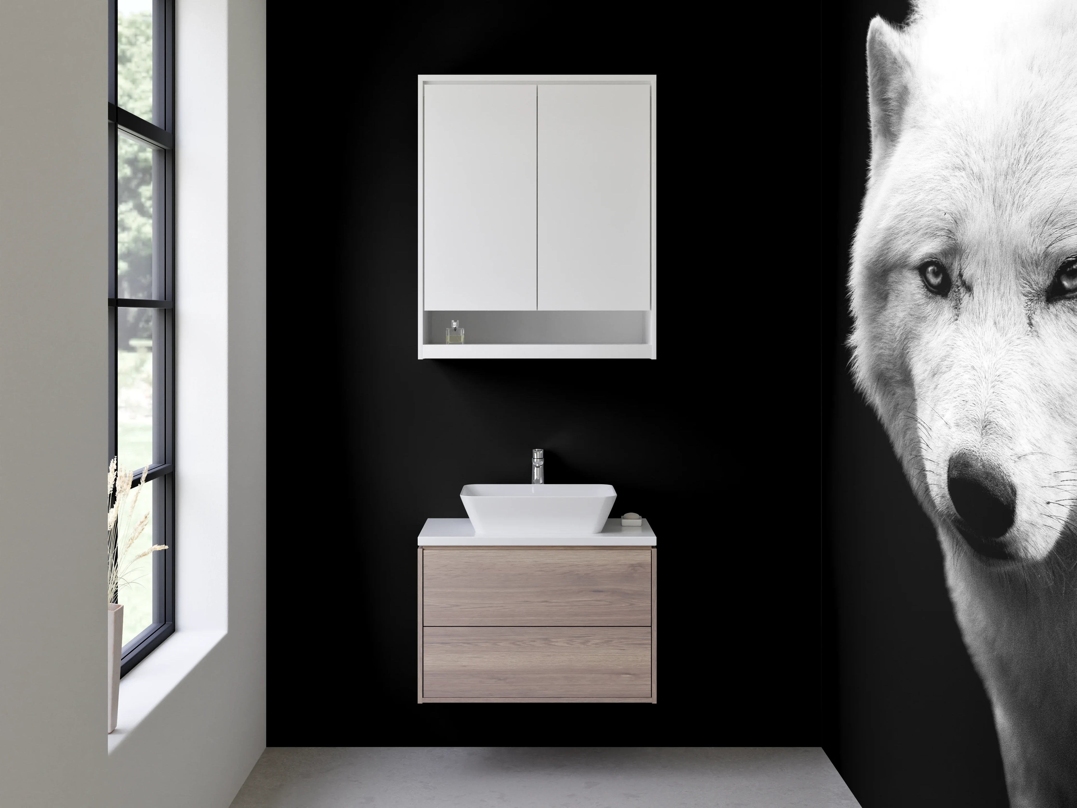 Waschbecken-Rückwand - Weißer Wolf Schwarz-Weiß Motiv
