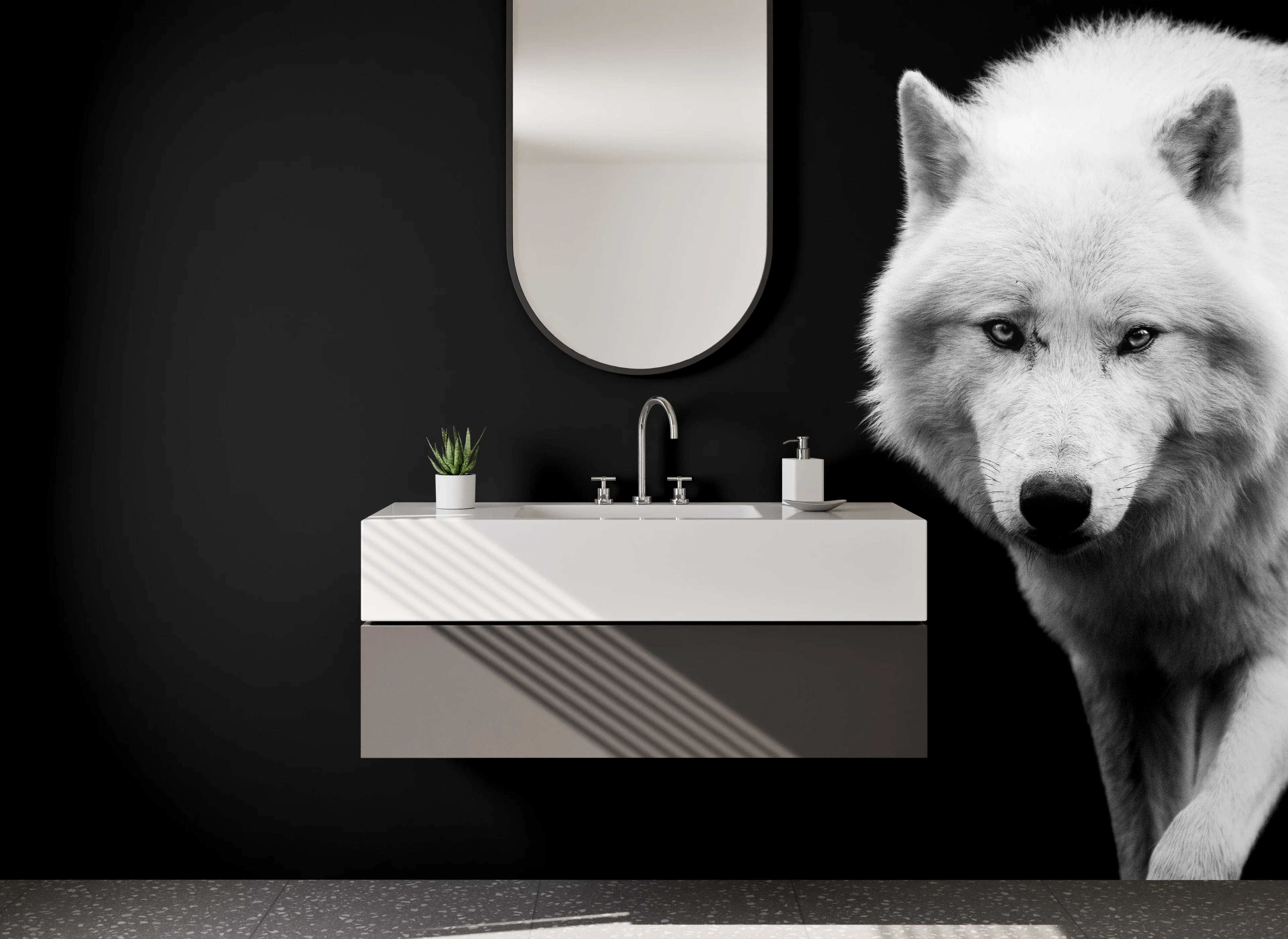 Waschbecken-Rückwand - Weißer Wolf Schwarz-Weiß Motiv