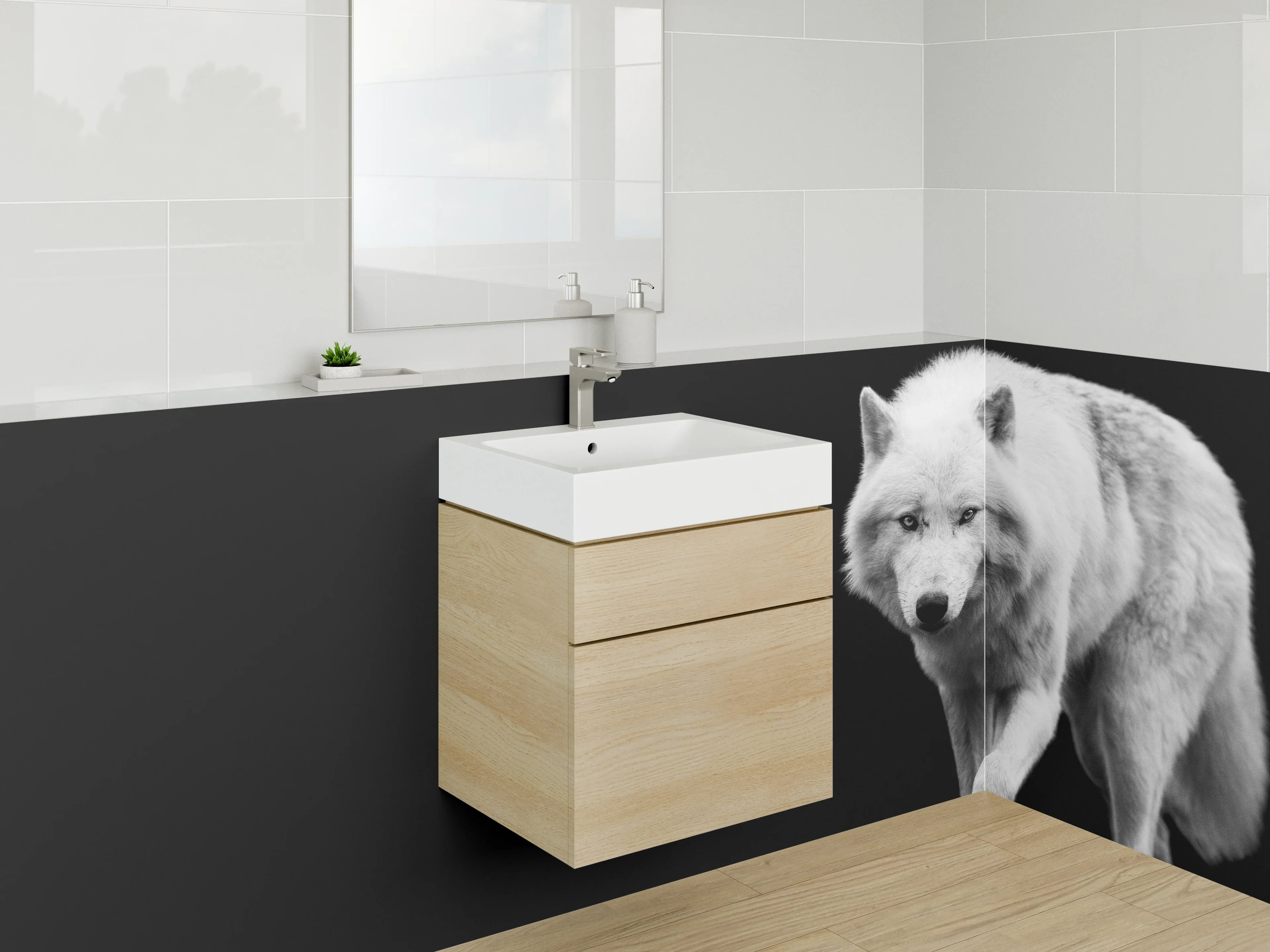 Waschbecken-Rückwand - Weißer Wolf Schwarz-Weiß Motiv