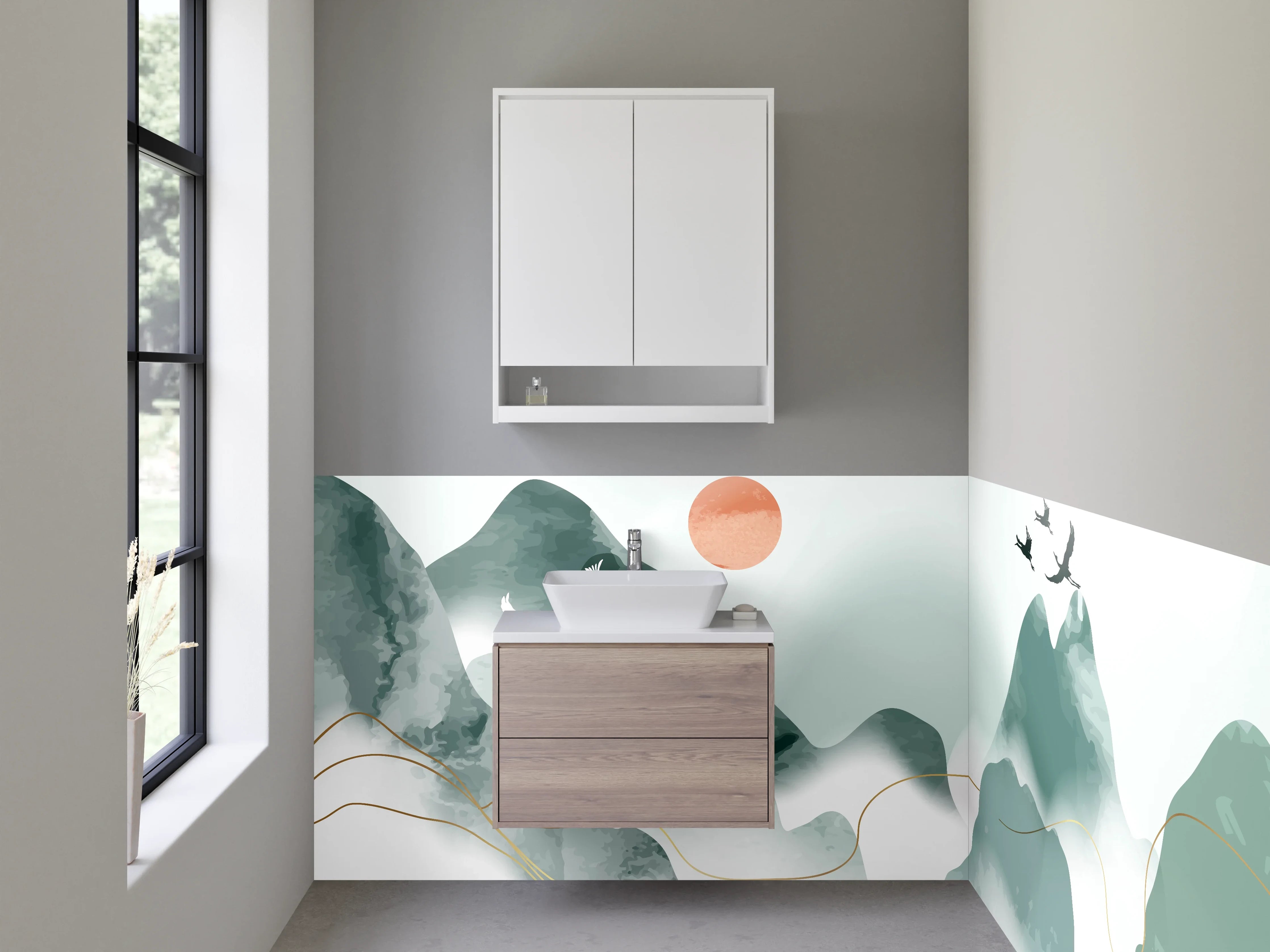 Waschbecken-Rückwand - Weißes Bergpanorama mit grauen Vögeln