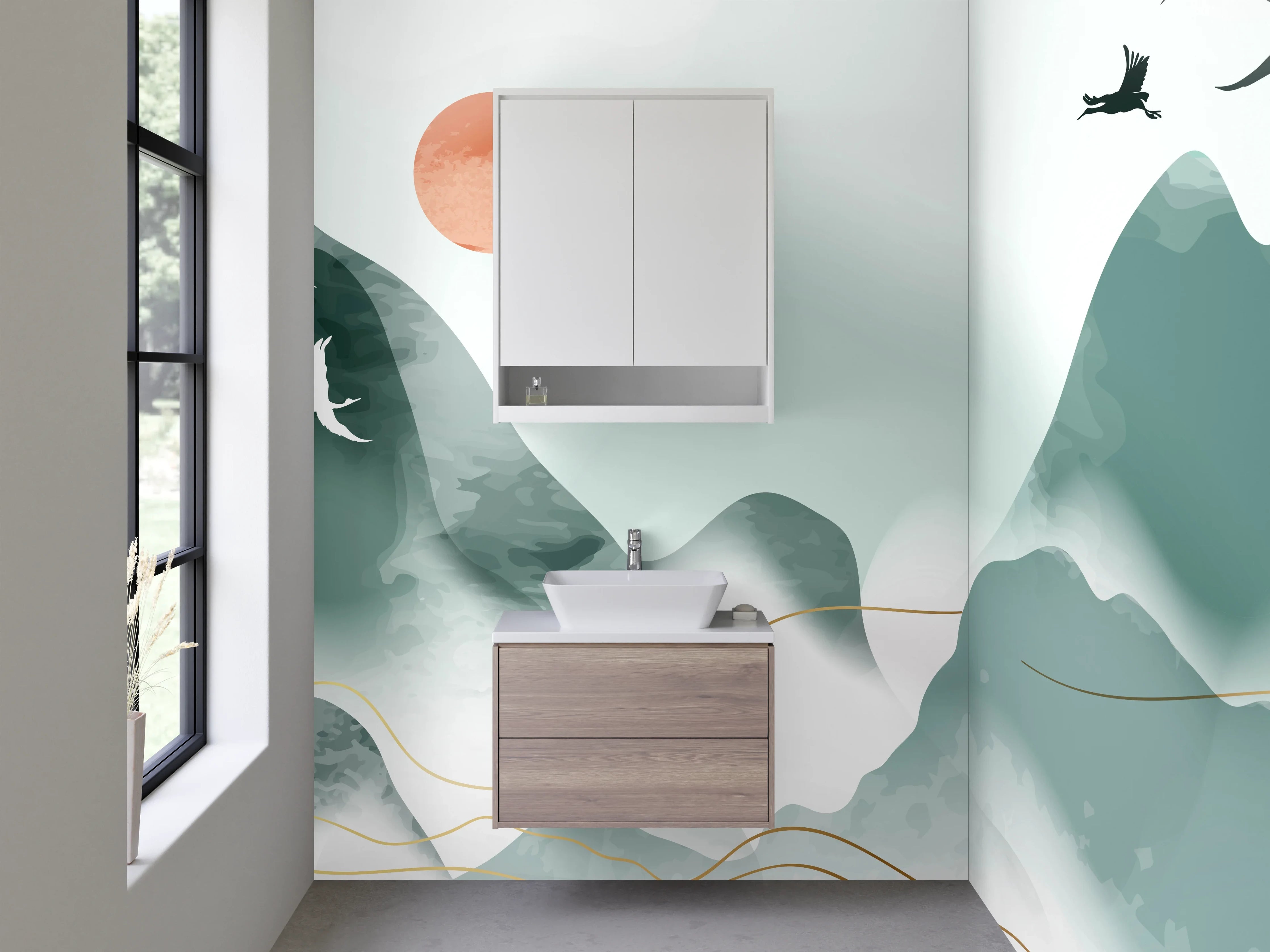 Waschbecken-Rückwand - Weißes Bergpanorama mit grauen Vögeln