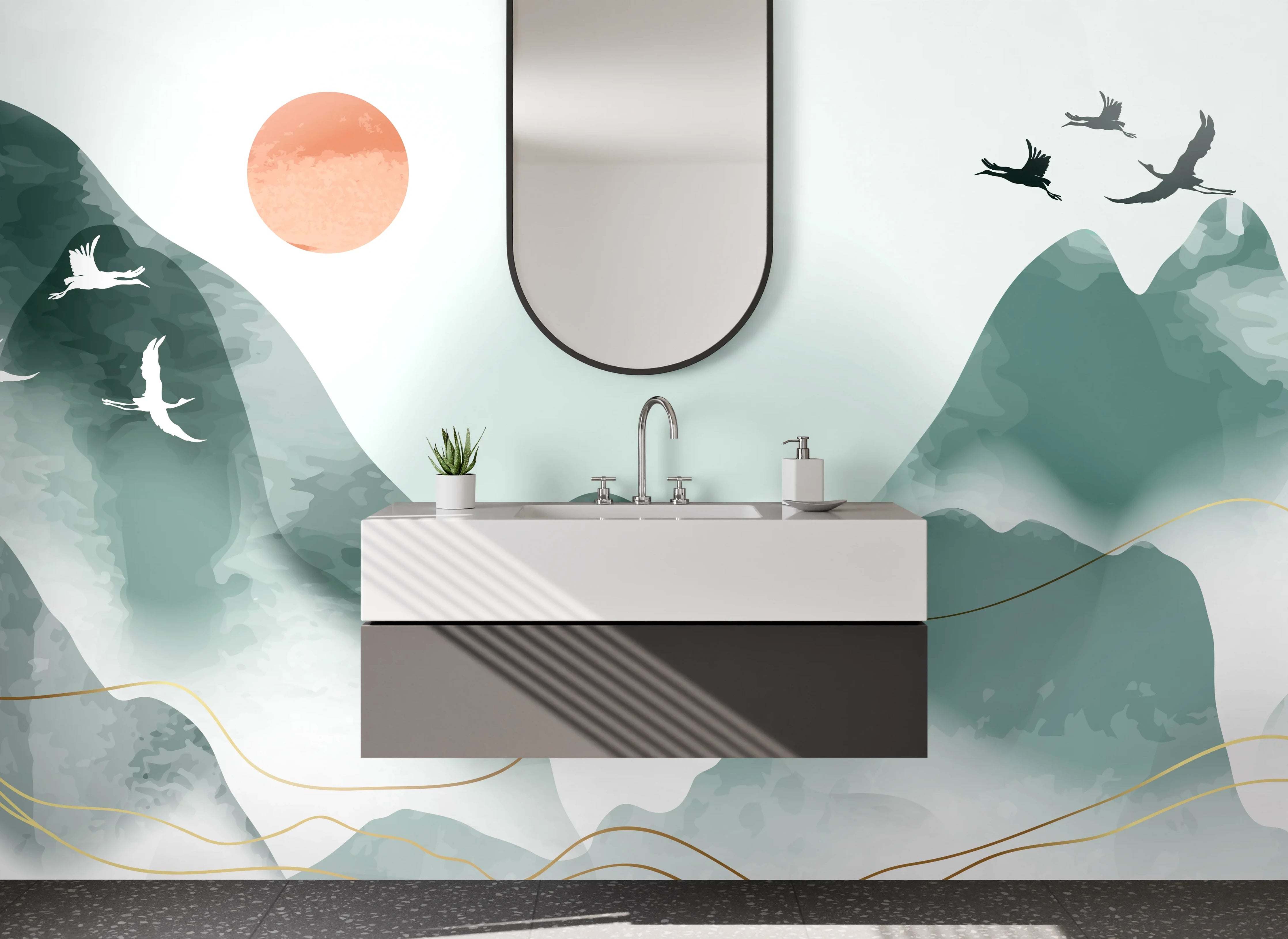 Waschbecken-Rückwand - Weißes Bergpanorama mit grauen Vögeln