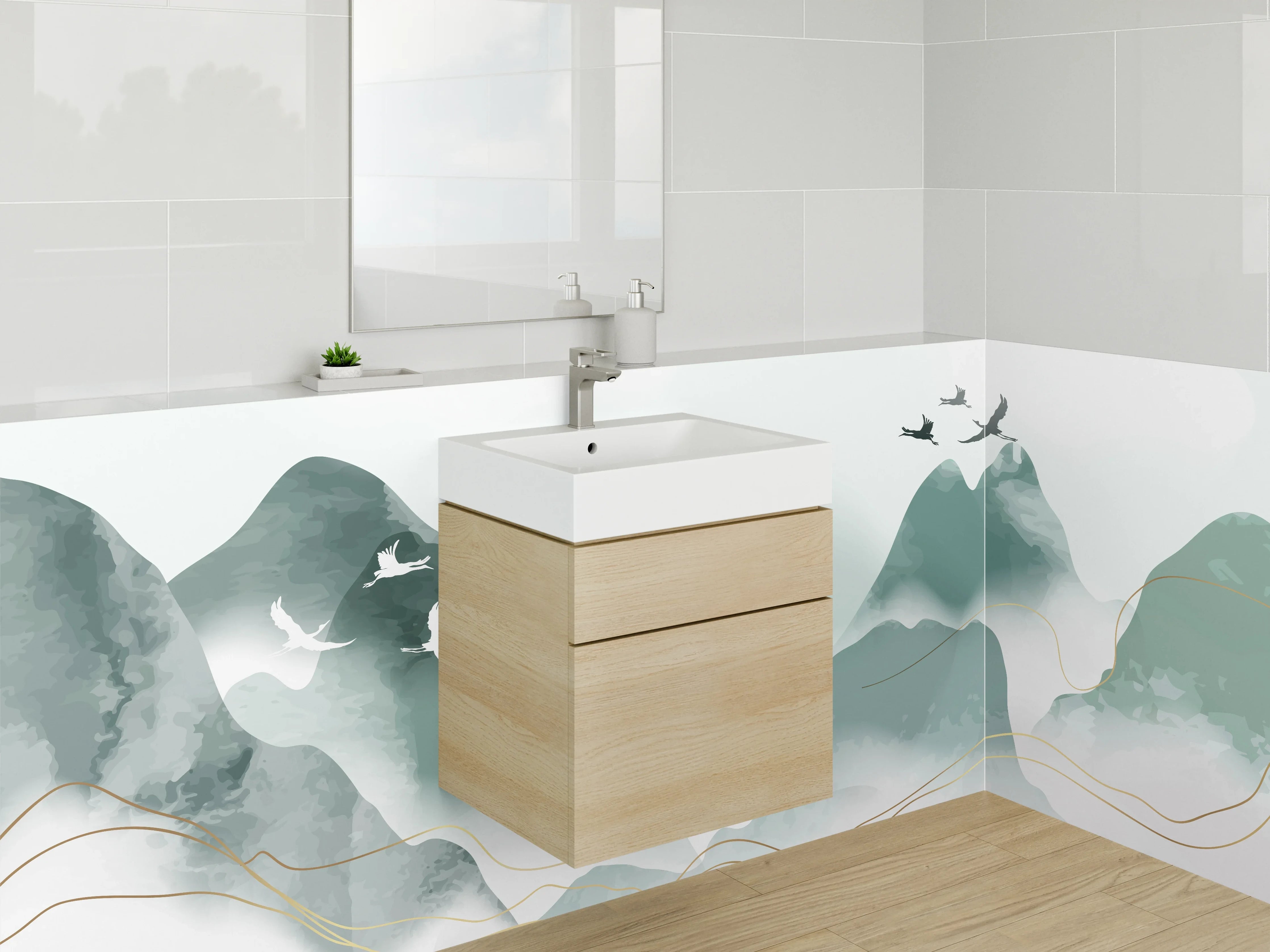 Waschbecken-Rückwand - Weißes Bergpanorama mit grauen Vögeln