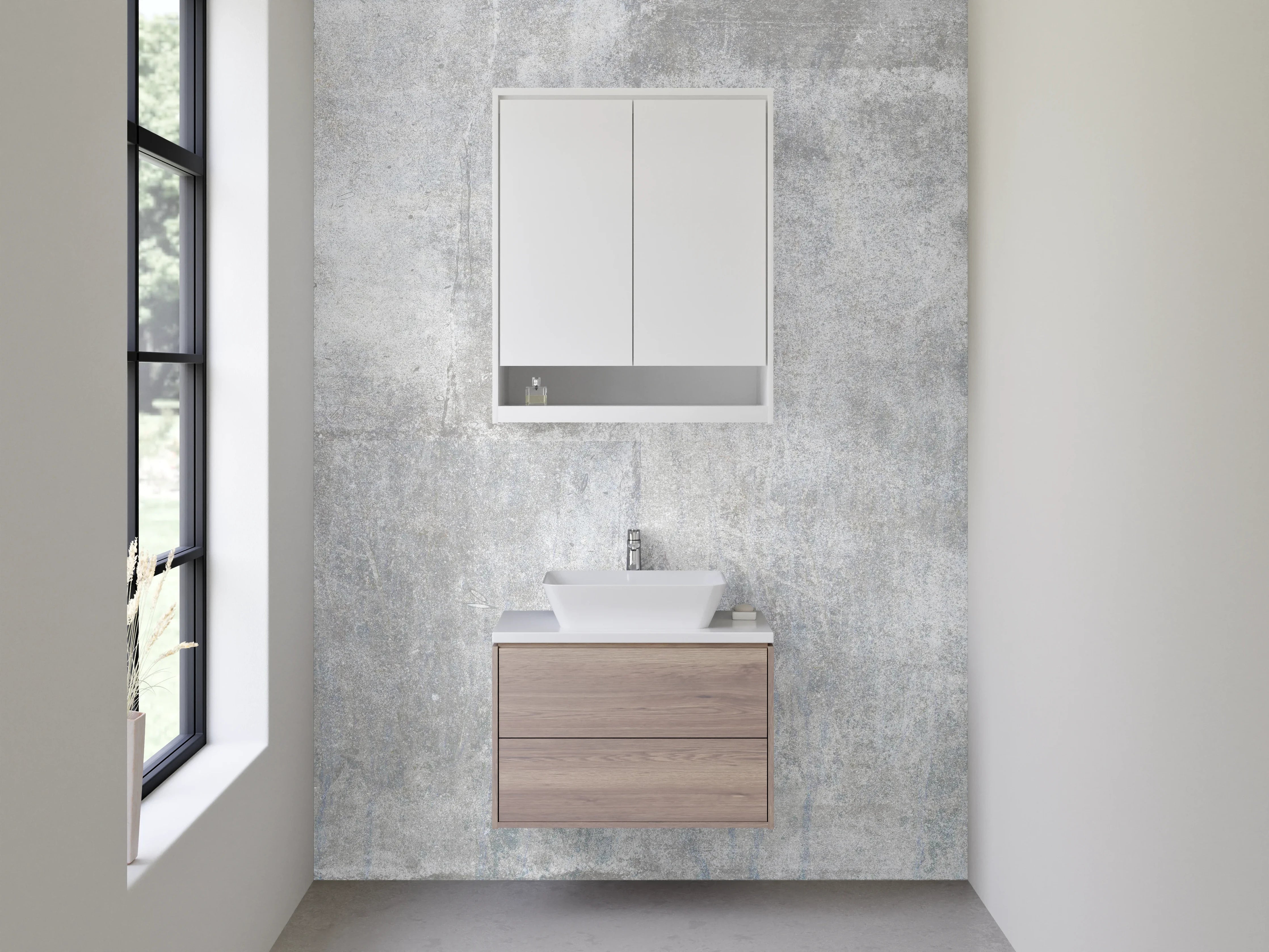 Waschbecken-Rückwand - Weißgraue Betonästhetik mit sanften Nuancen