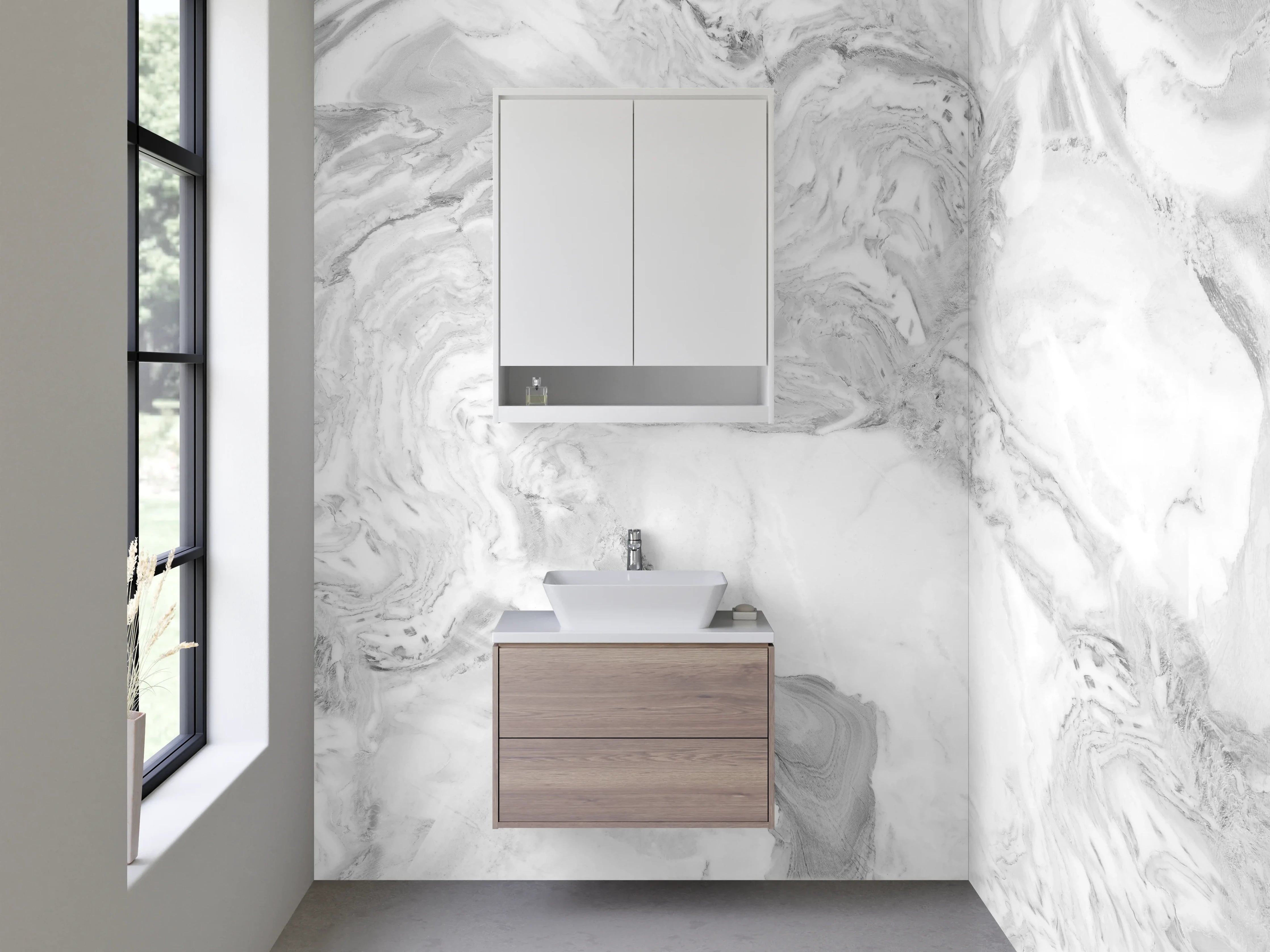 Waschbecken-Rückwand - Weißgraue Marmorästhetik mit feinen Nuancen