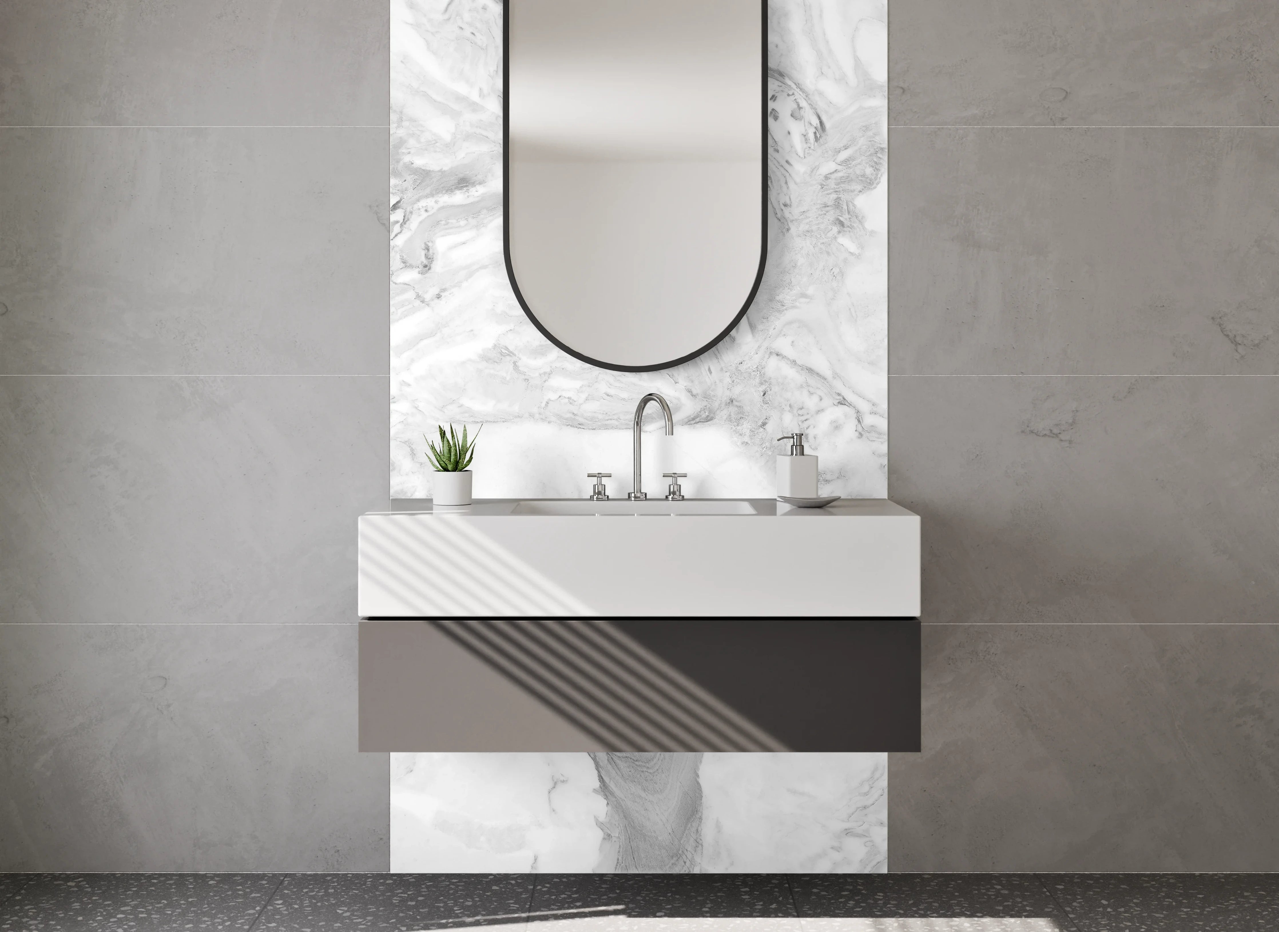 Waschbecken-Rückwand - Weißgraue Marmorästhetik mit feinen Nuancen