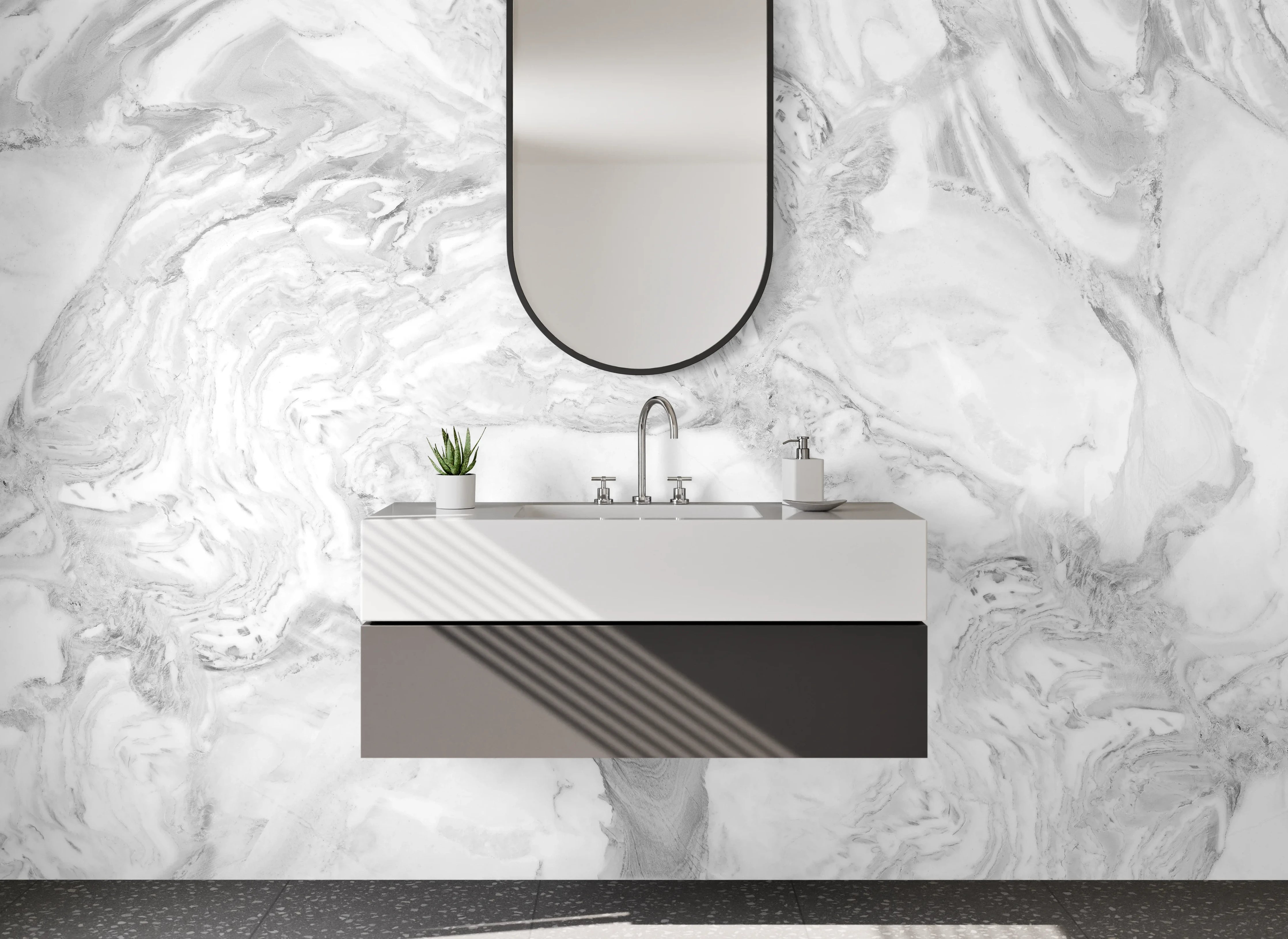 Waschbecken-Rückwand - Weißgraue Marmorästhetik mit feinen Nuancen