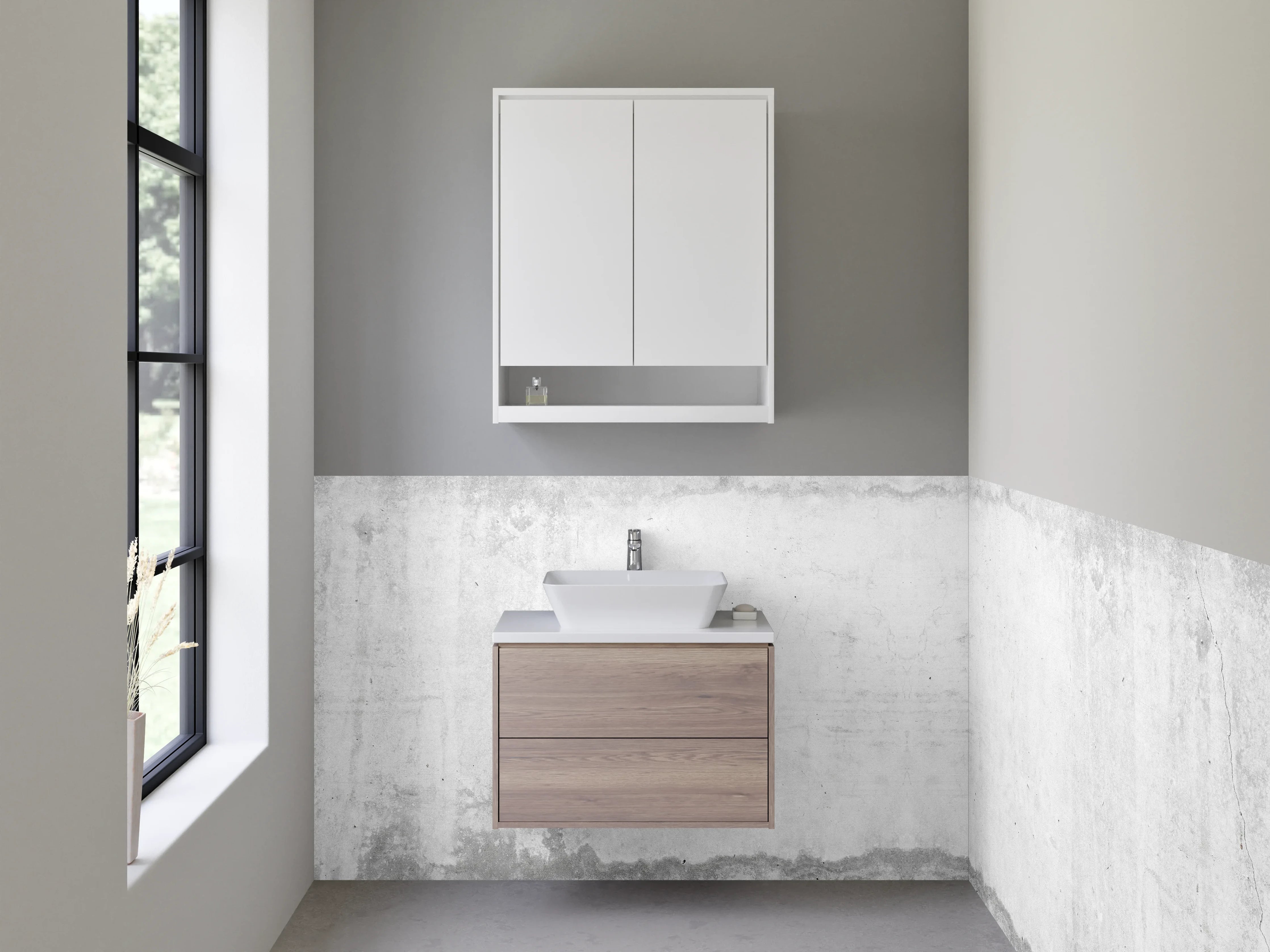 Waschbecken-Rückwand - Weißgraue Minimalästhetik in Betonlook
