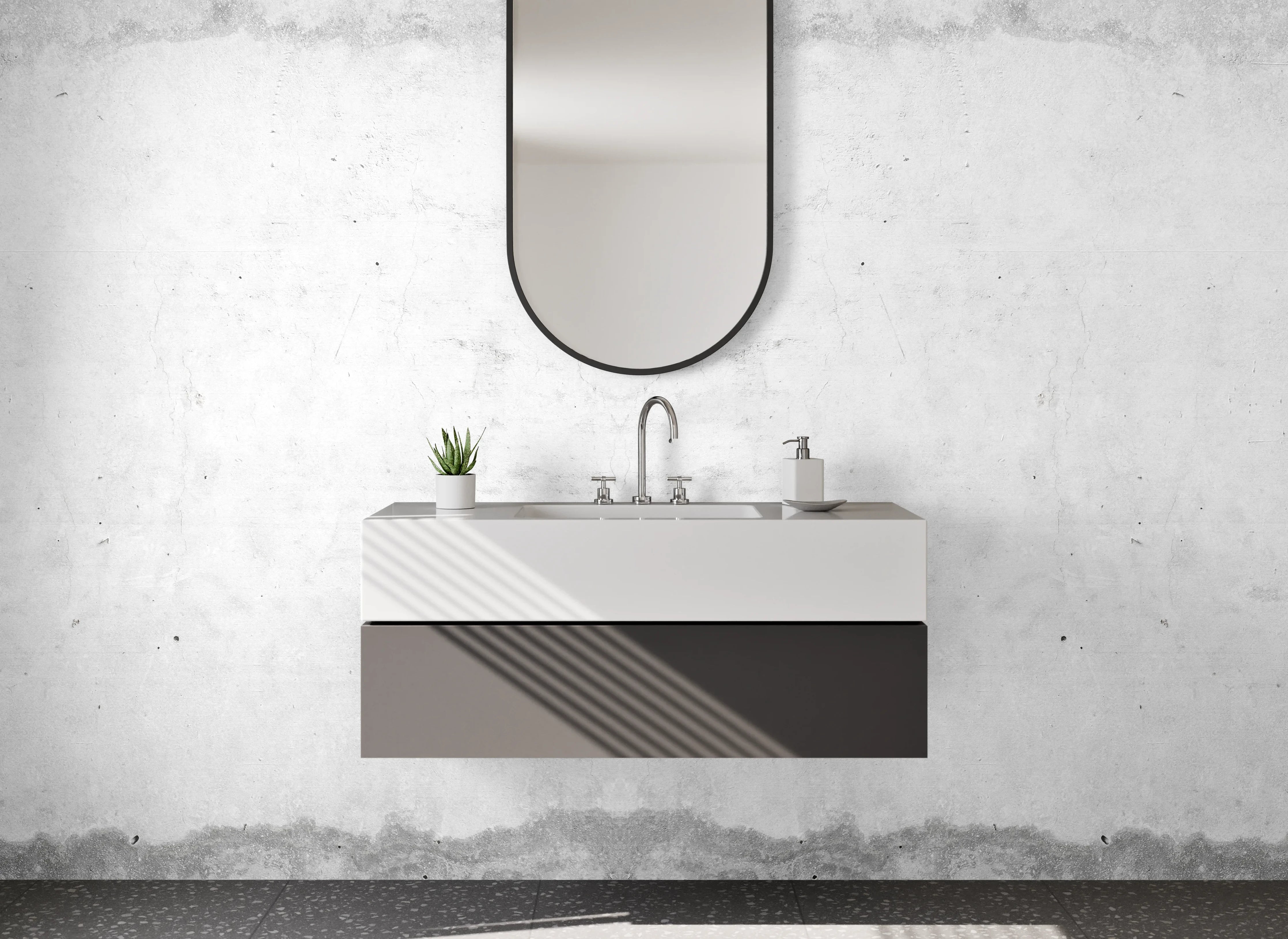 Waschbecken-Rückwand - Weißgraue Minimalästhetik in Betonlook