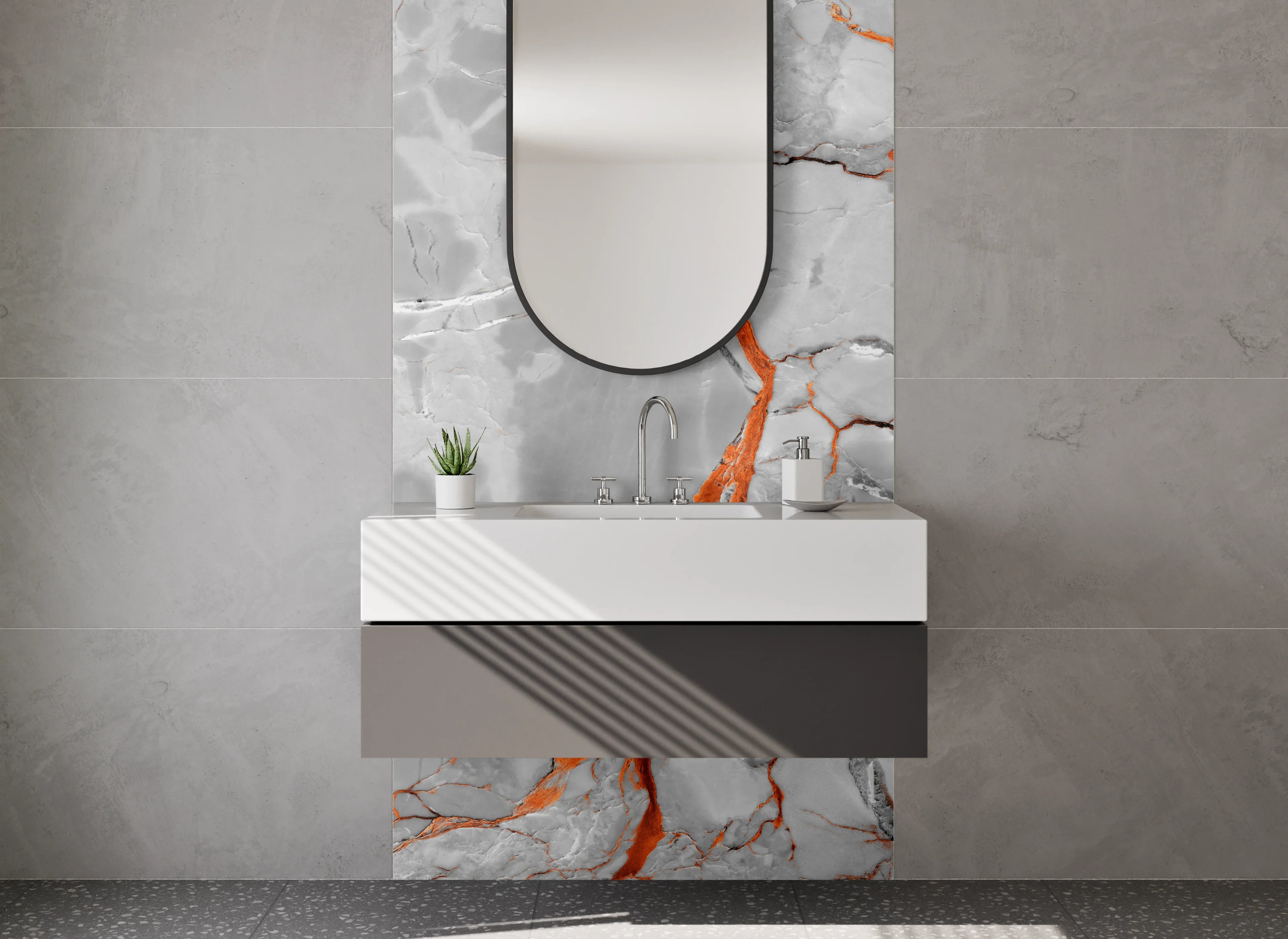 Waschbecken-Rückwand - Weißgrauer Marmor mit orangen Adern