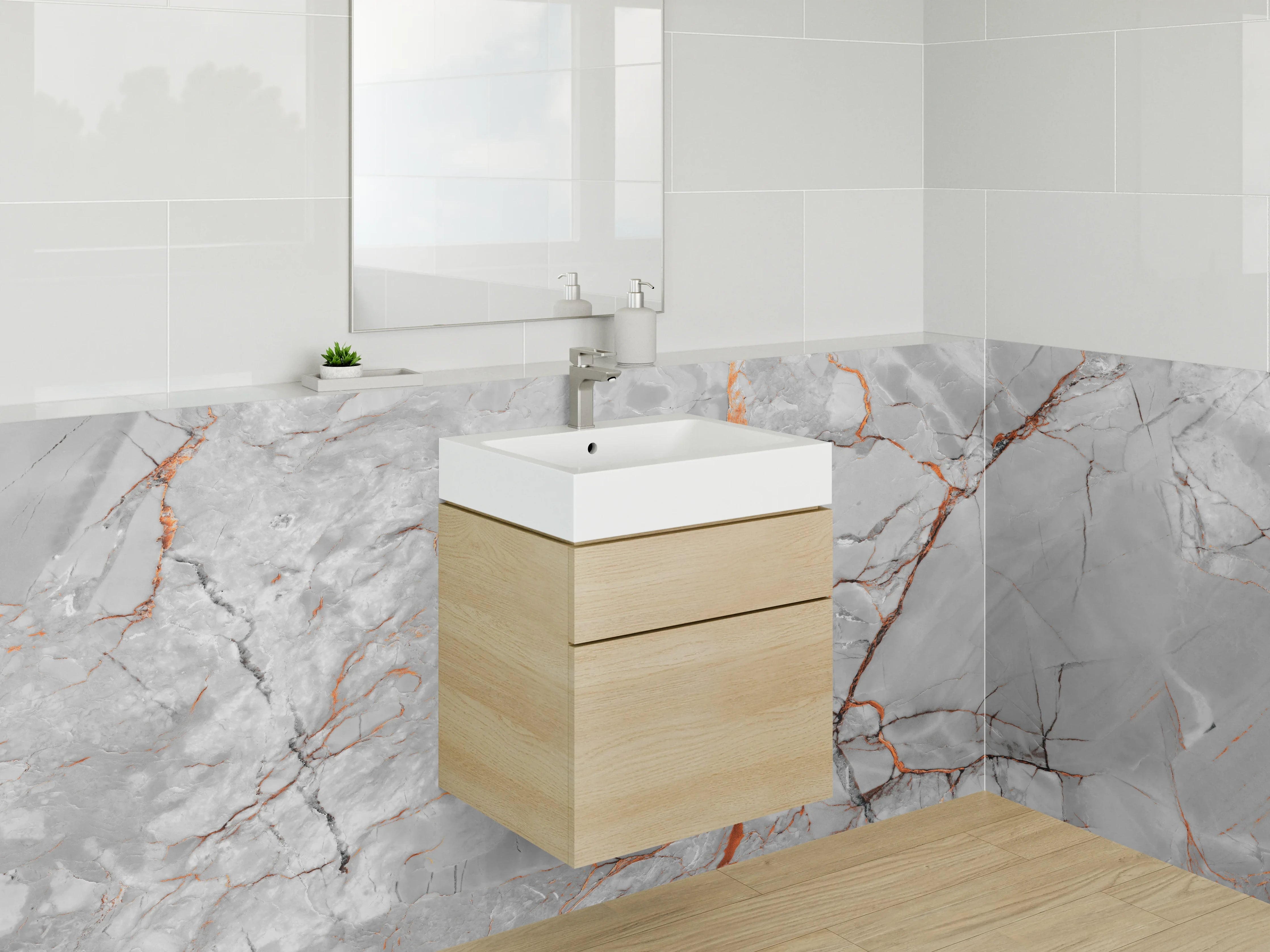 Waschbecken-Rückwand - Weißgrauer Marmor mit orangen Adern