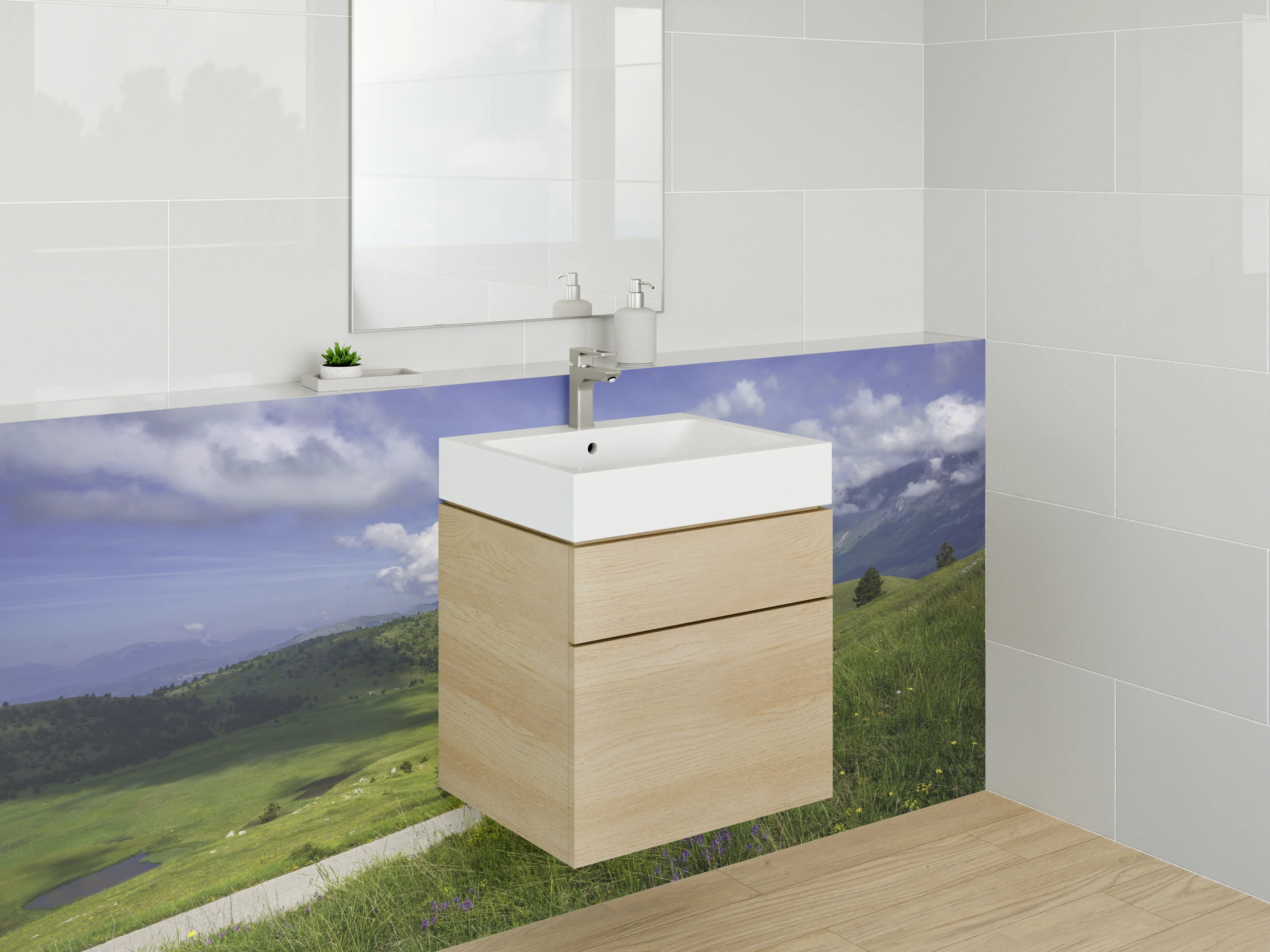 Waschbecken-Rückwand - Weite Berglandschaft mit Panoramaweg