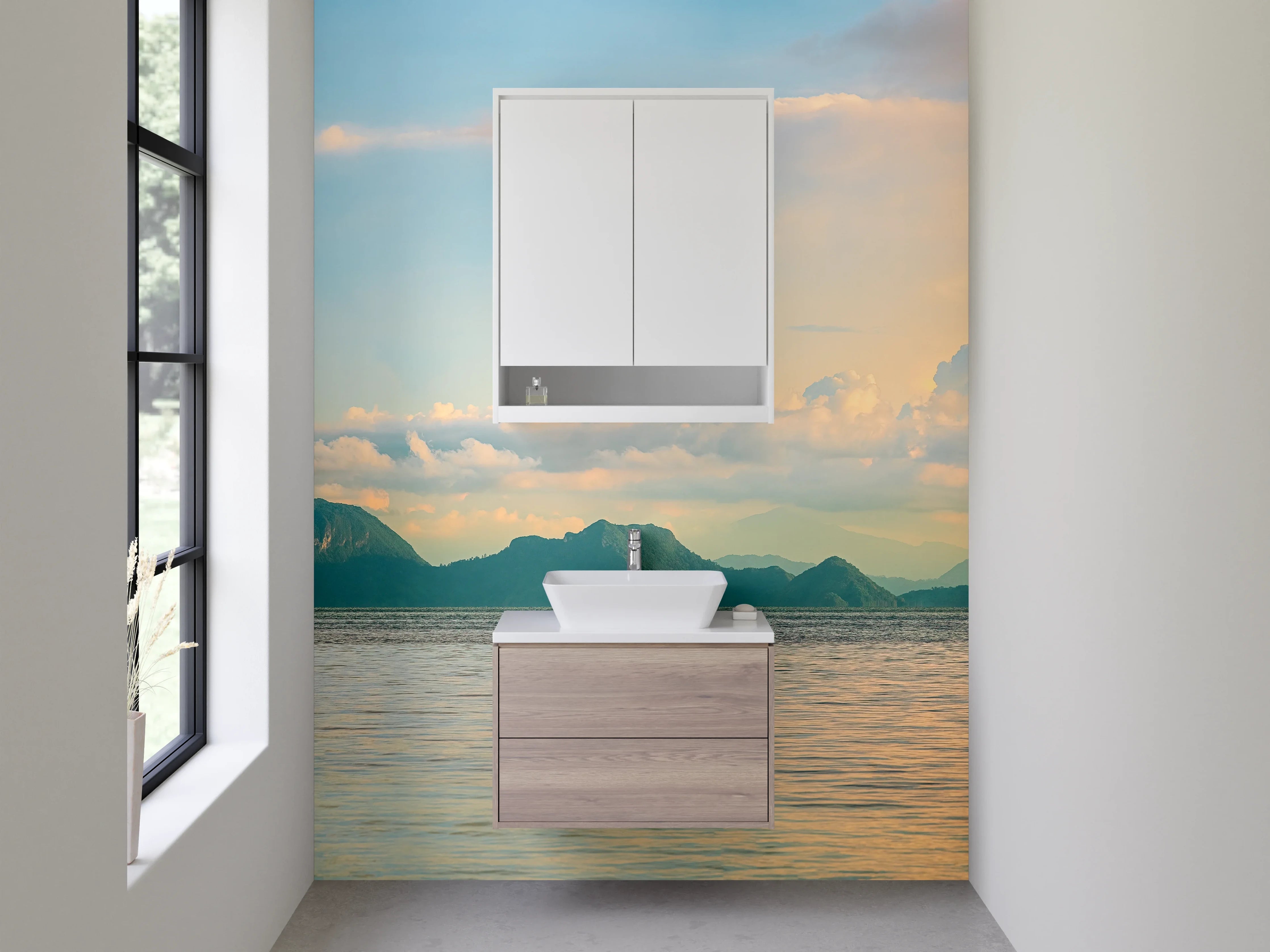 Waschbecken-Rückwand - Weite Insel-Landschaft am Morgenlicht