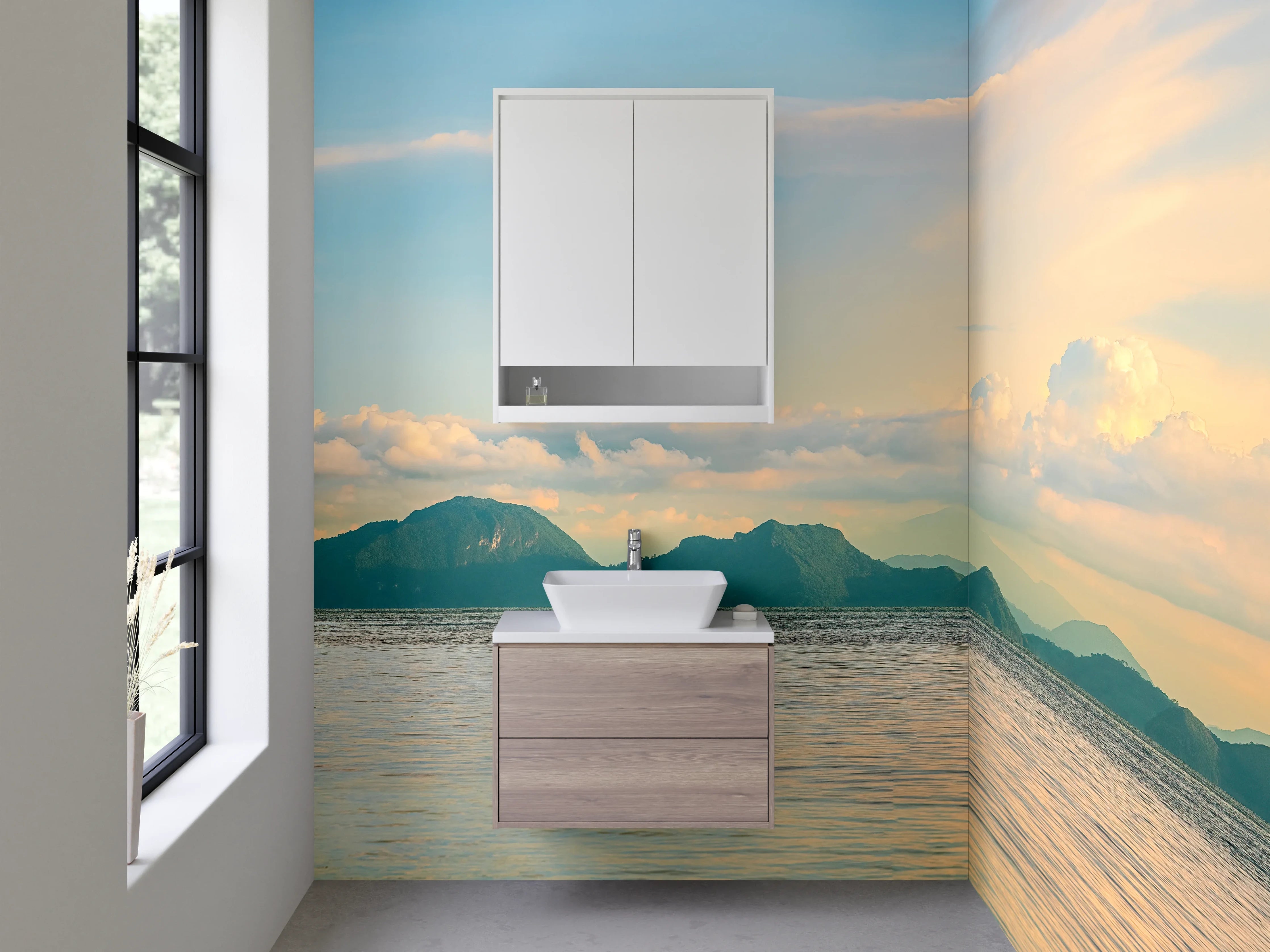 Waschbecken-Rückwand - Weite Insel-Landschaft am Morgenlicht