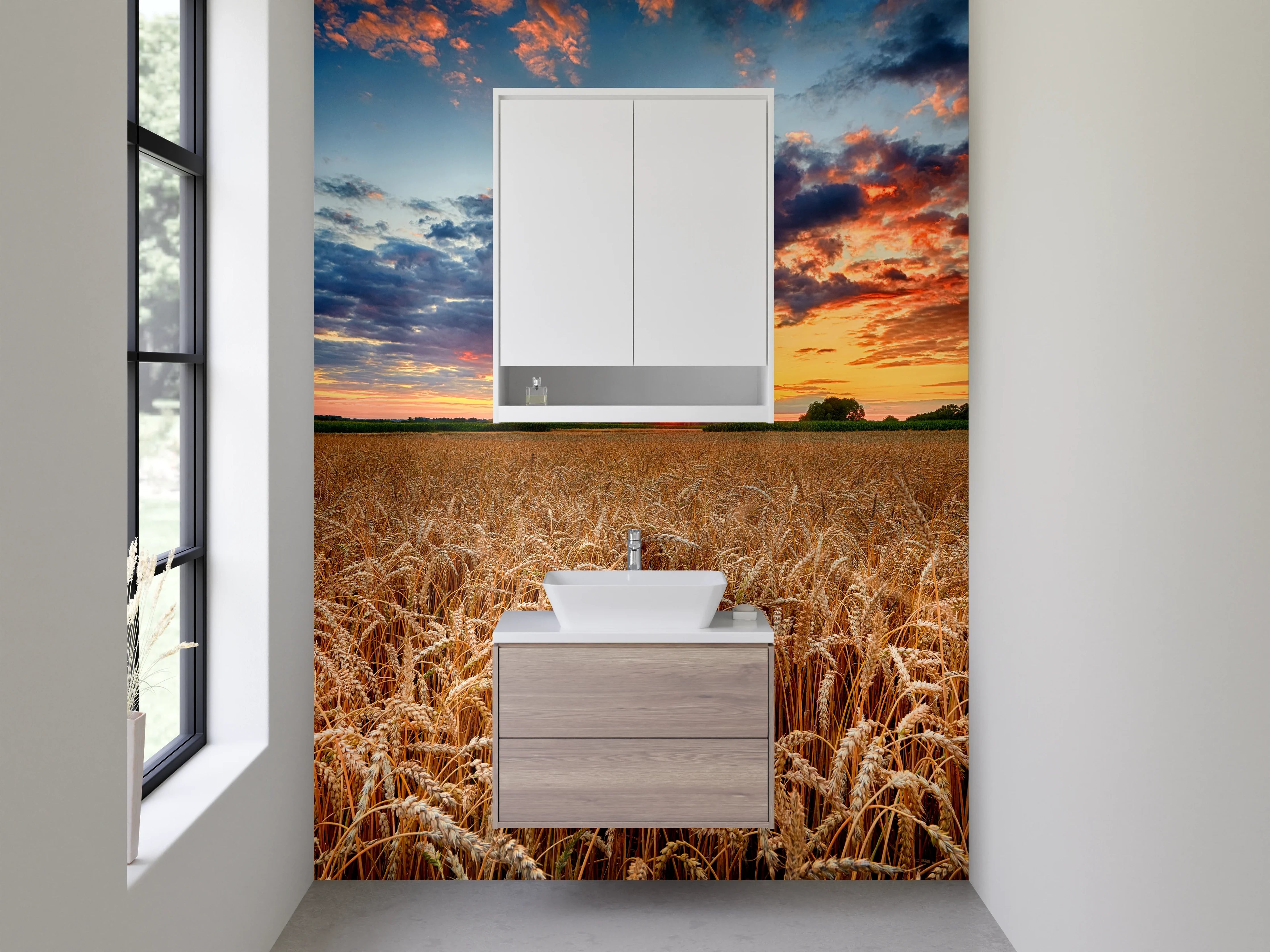 Waschbecken-Rückwand - Weizenfeld im Sonnenuntergang Panorama