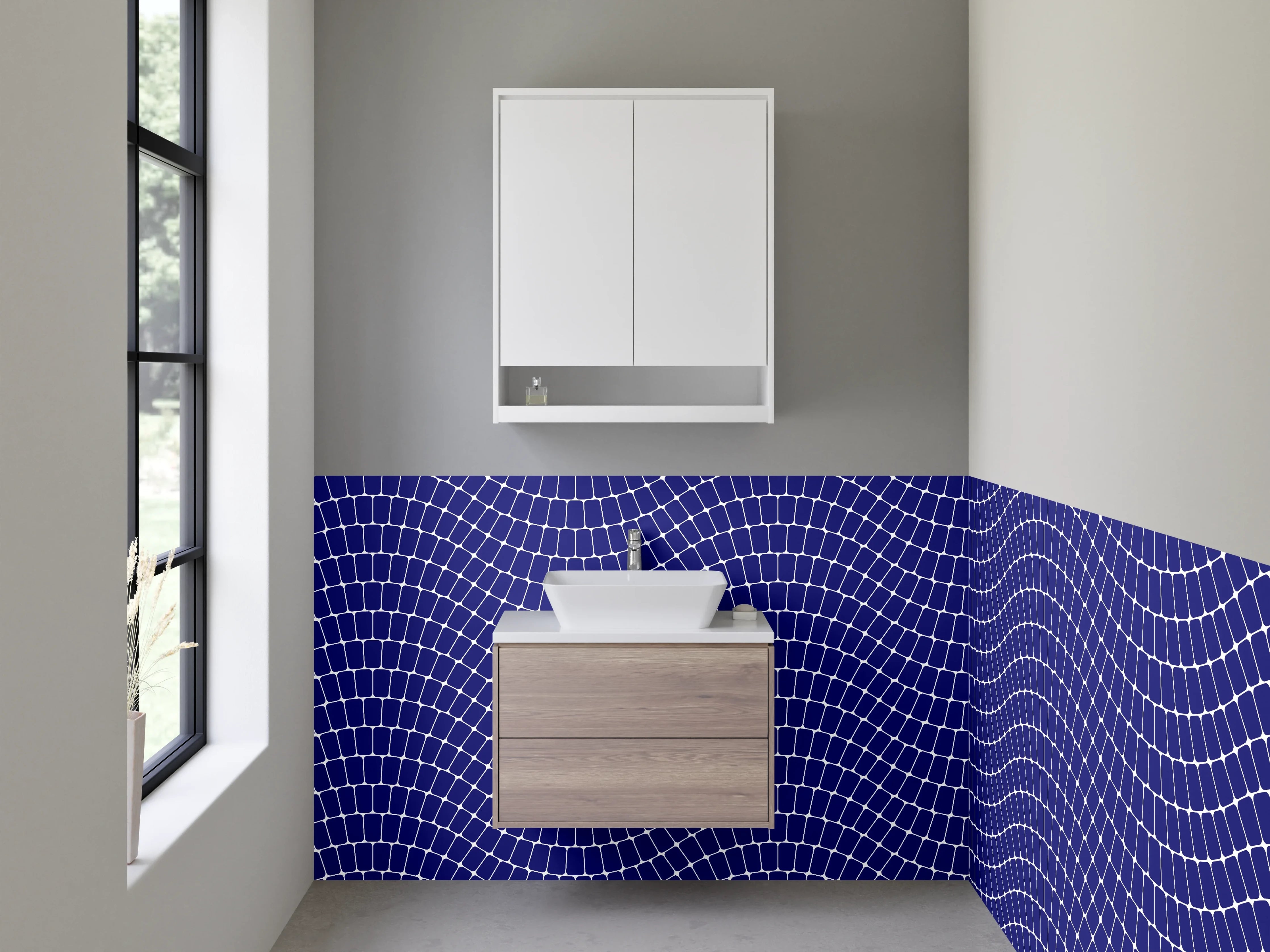 Waschbecken-Rückwand - Wellenförmiges Linienmuster Blau Weiß