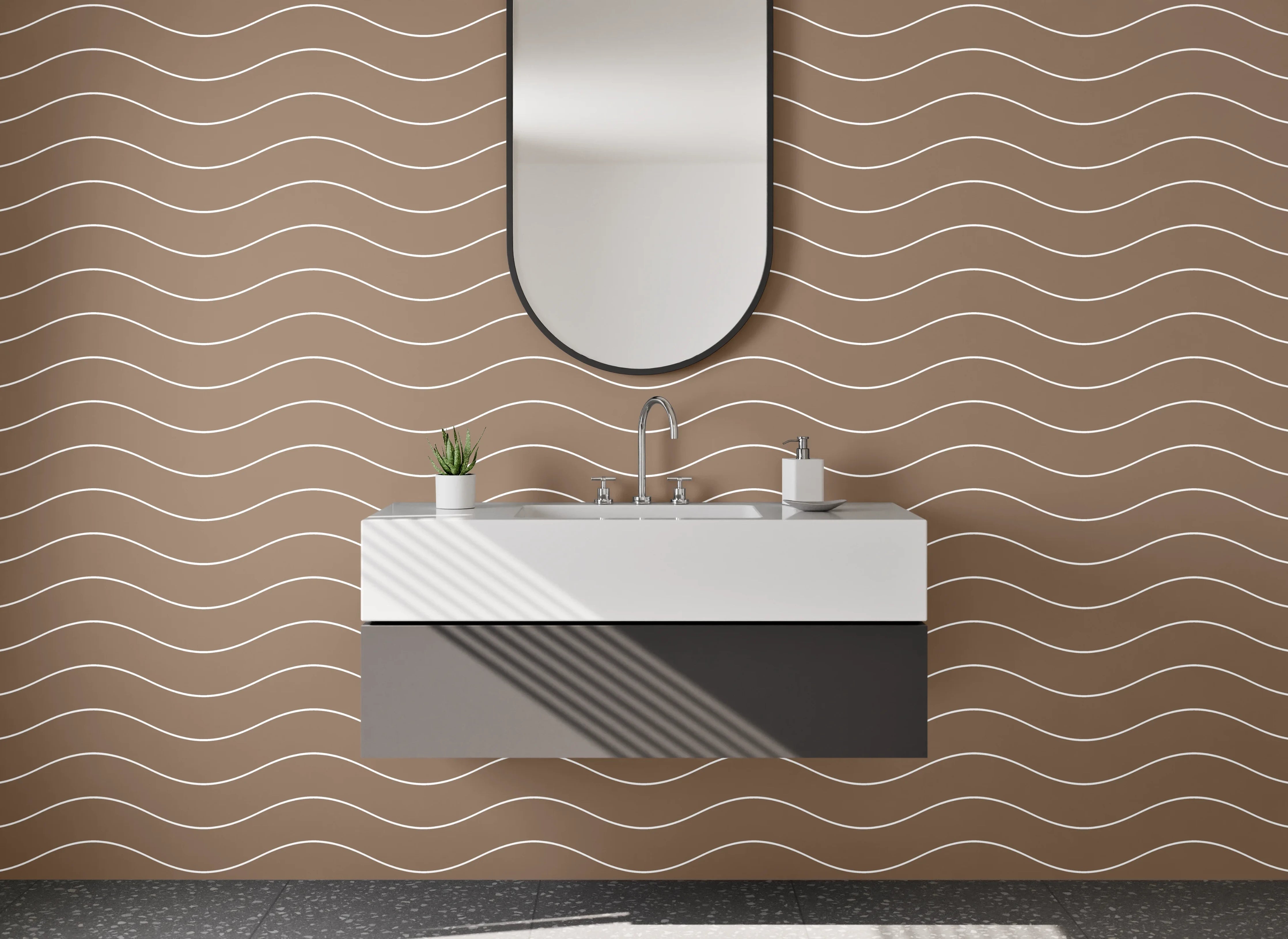 Waschbecken-Rückwand - Wellenmuster Braun Minimalistisch Modern
