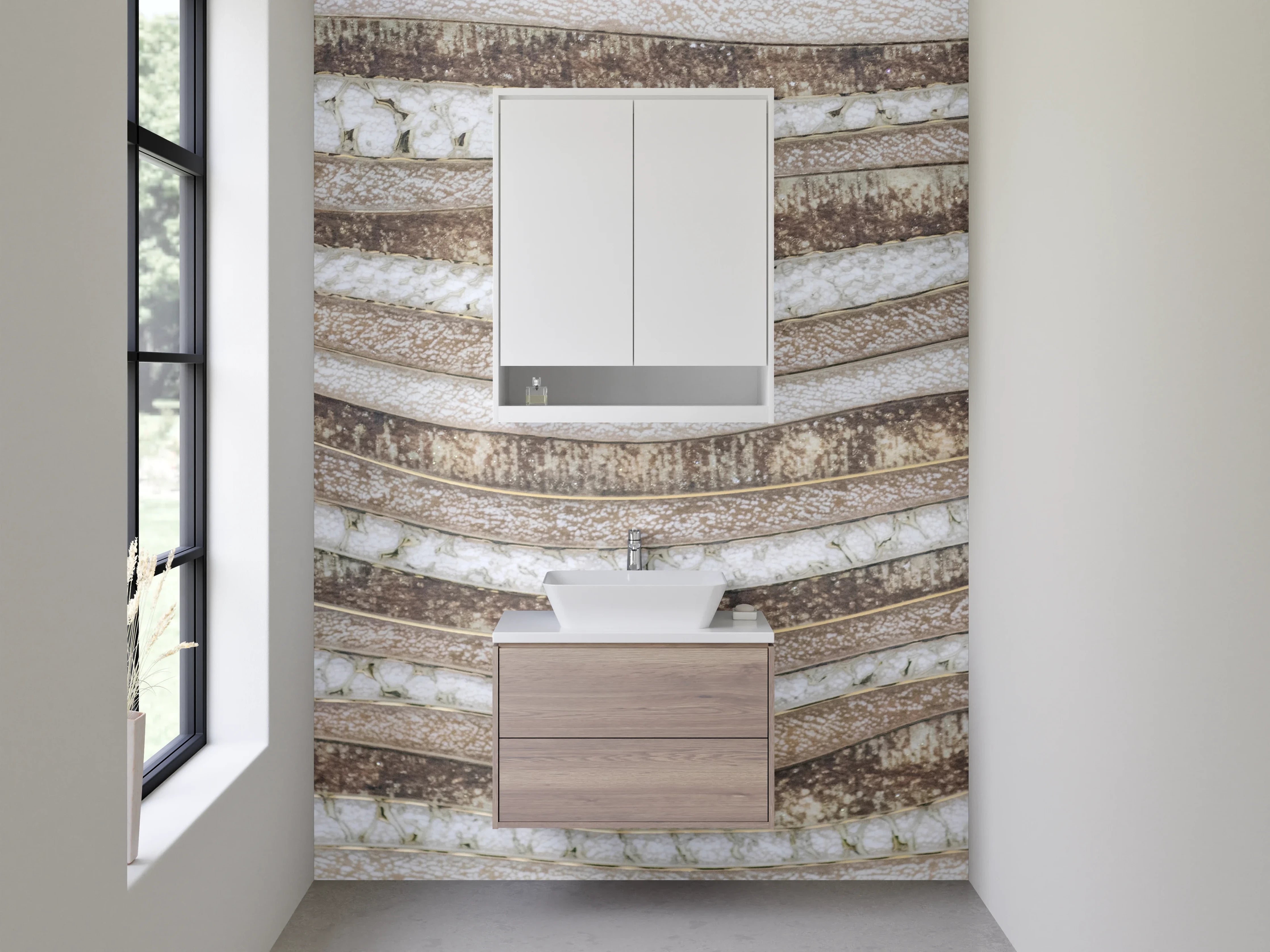 Waschbecken-Rückwand - Wellenmuster Naturstein Weiß Beige