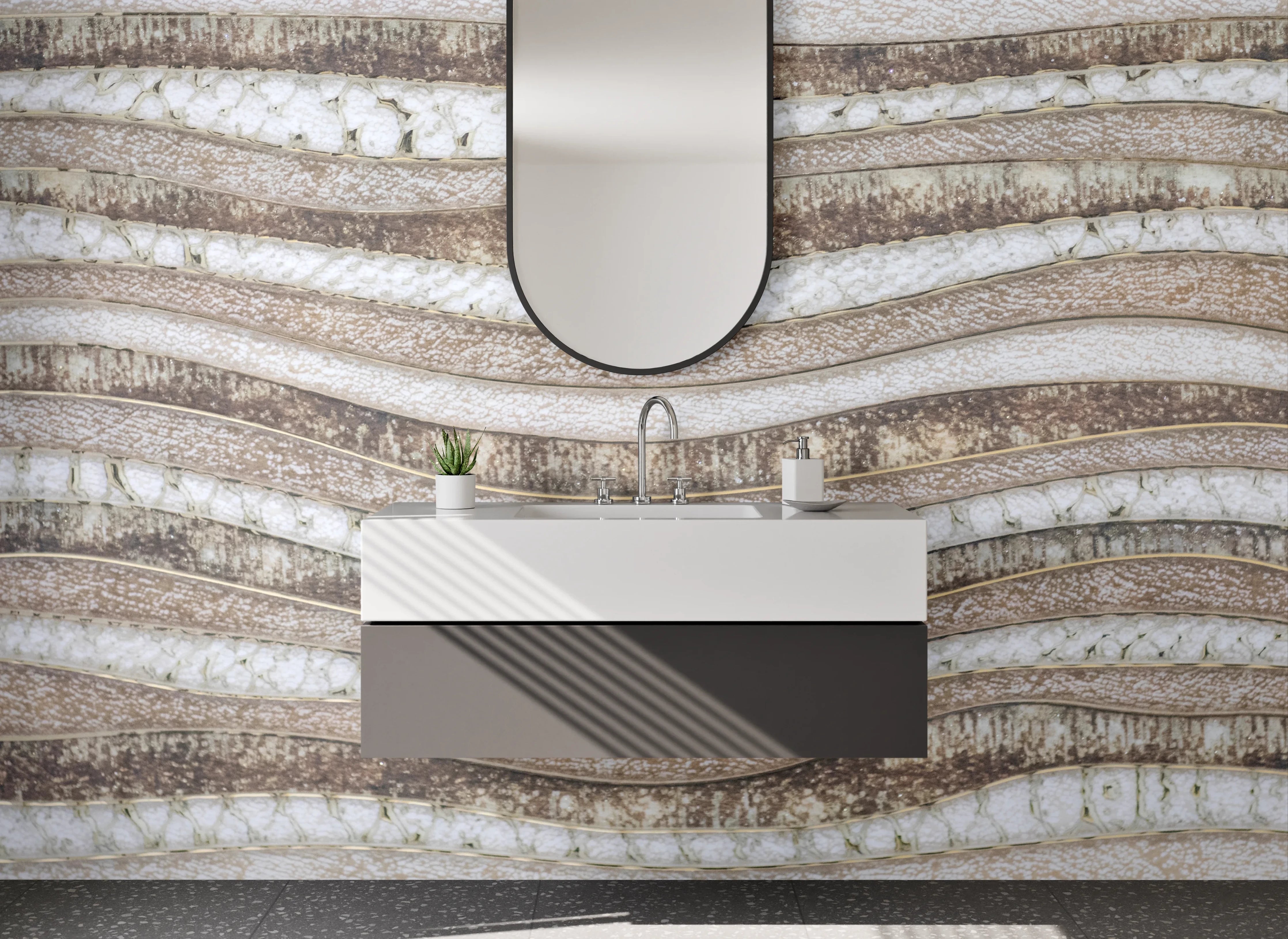 Waschbecken-Rückwand - Wellenmuster Naturstein Weiß Beige