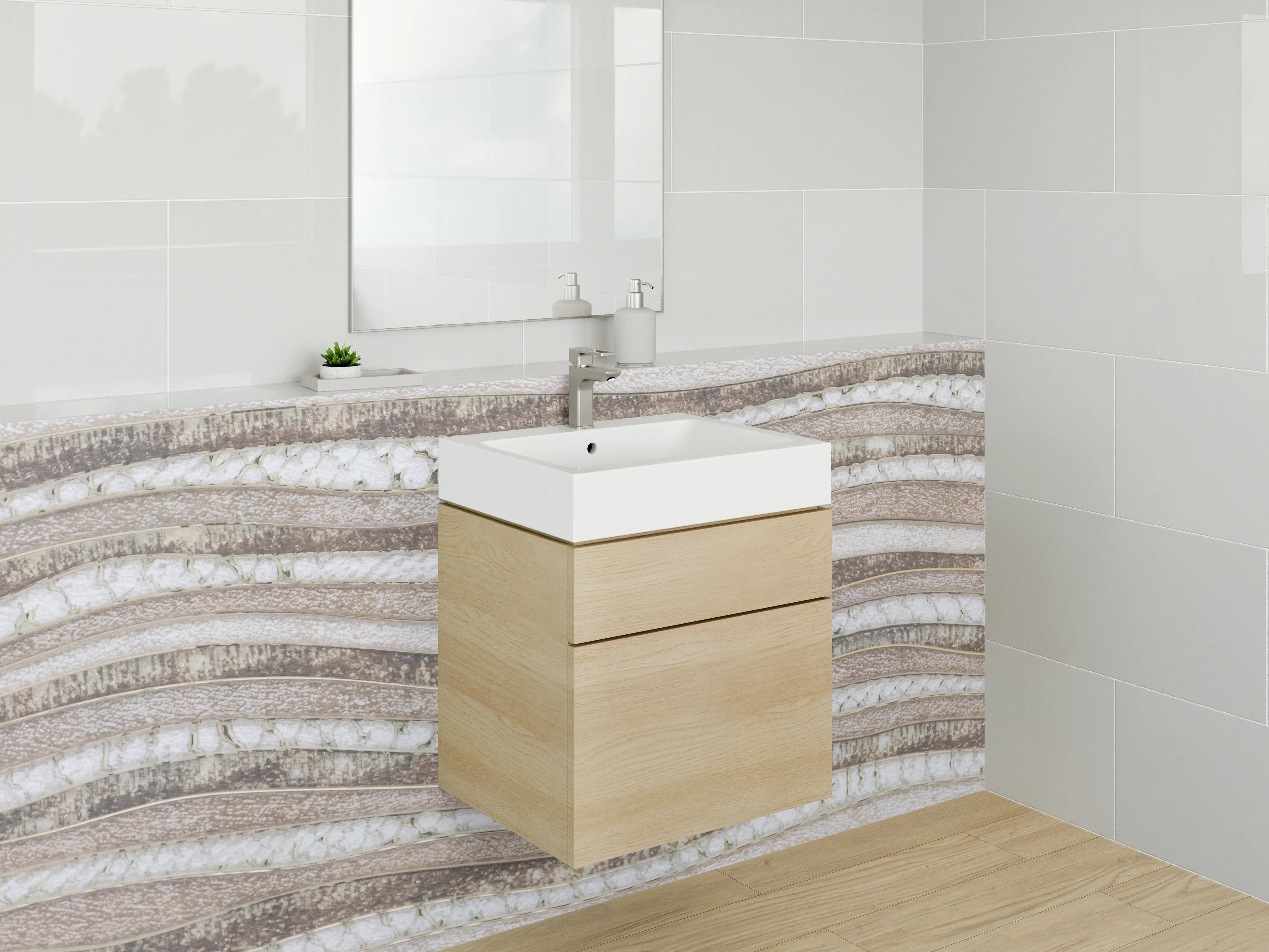 Waschbecken-Rückwand - Wellenmuster Naturstein Weiß Beige