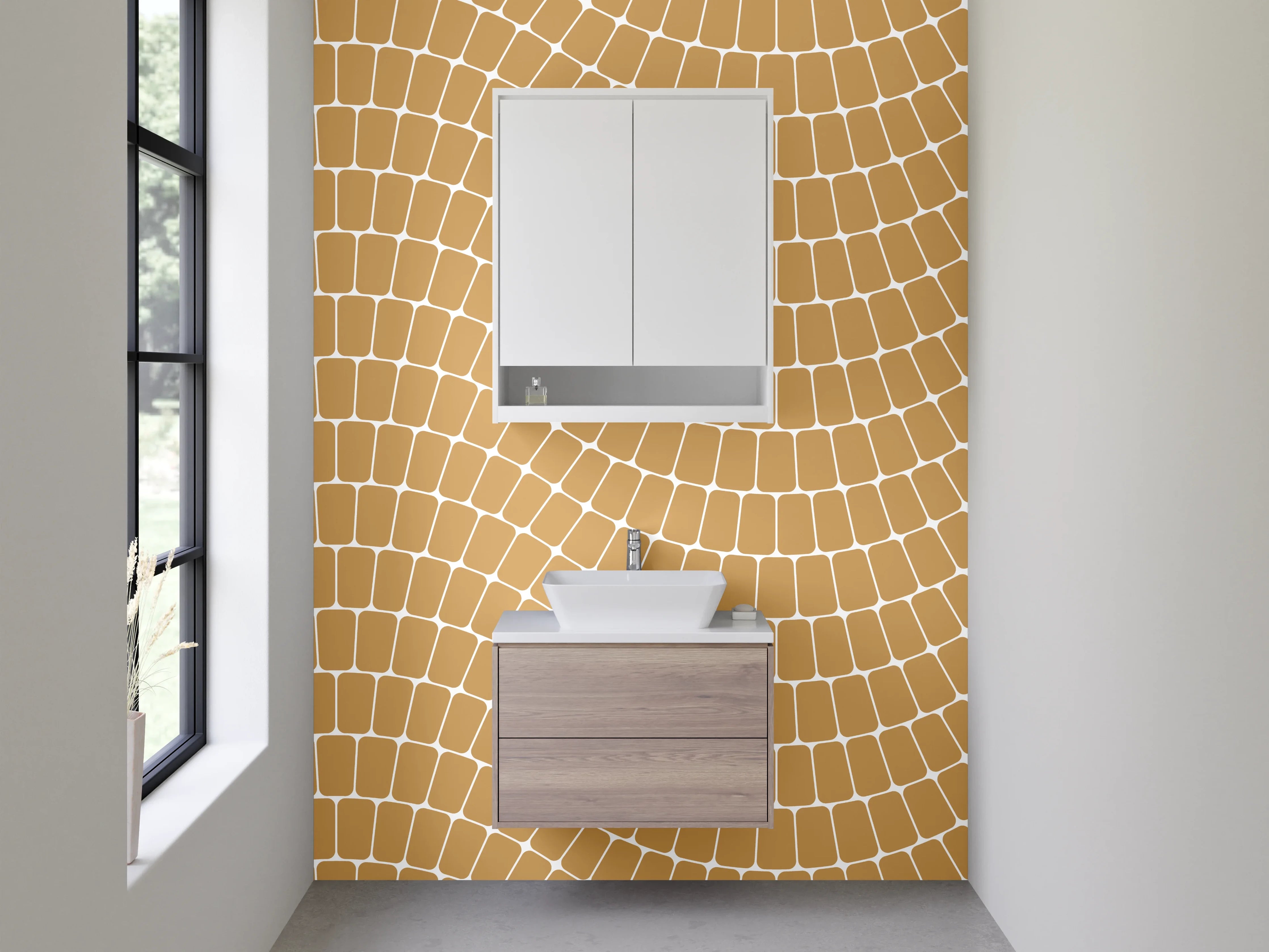 Waschbecken-Rückwand - Wellige Retro-Musteroptik in warmem Beige