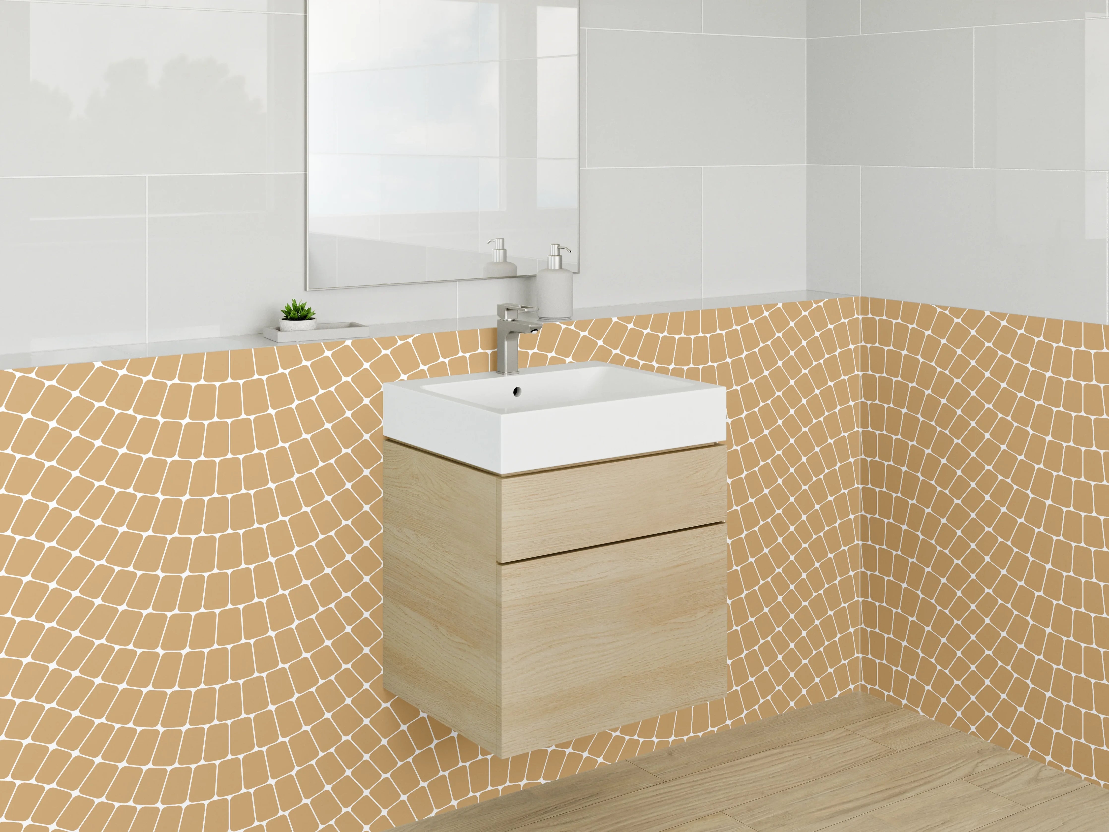 Waschbecken-Rückwand - Wellige Retro-Musteroptik in warmem Beige