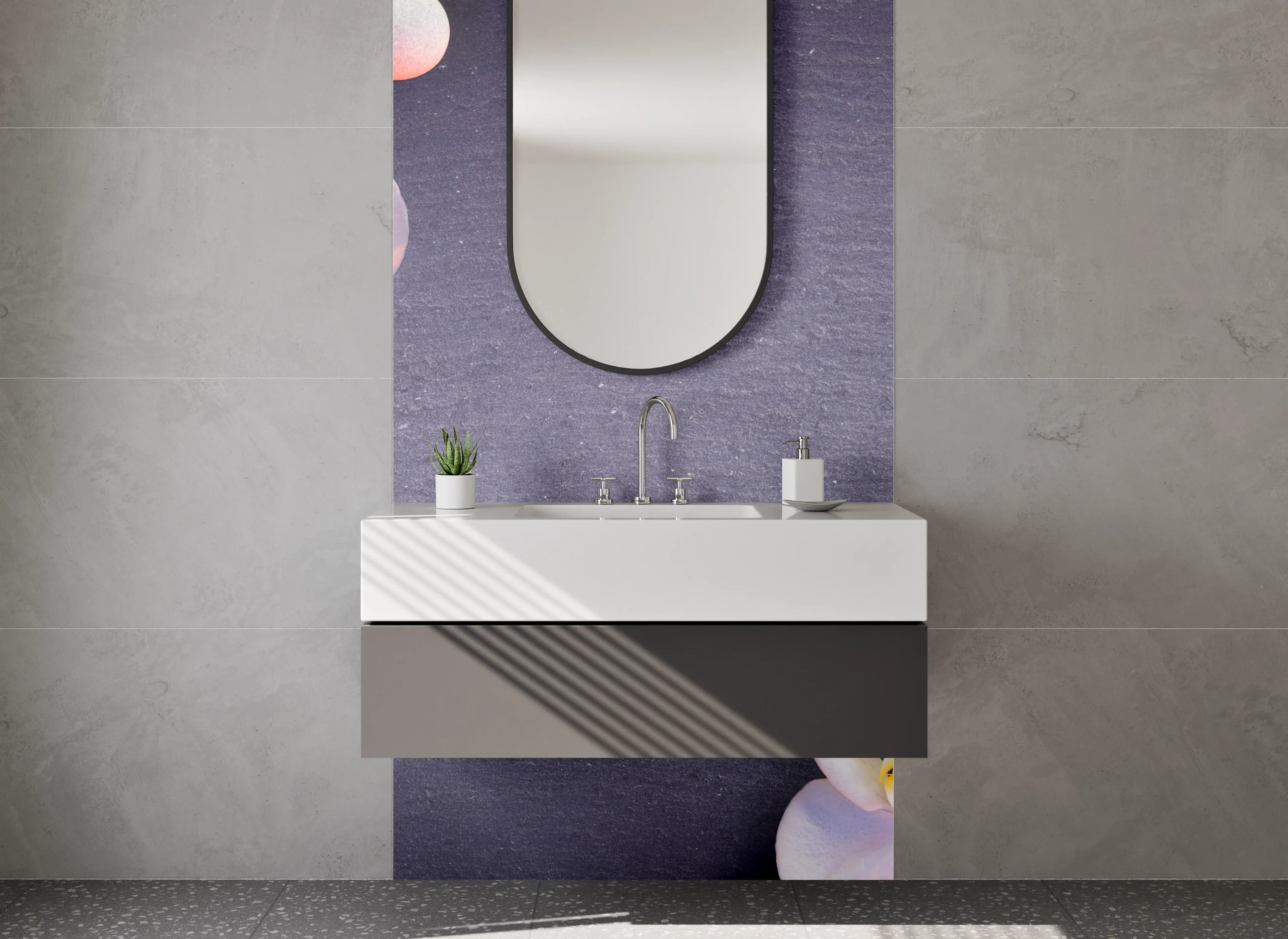 Waschbecken-Rückwand - Wellness-Orchideen auf grauer Steinplatte