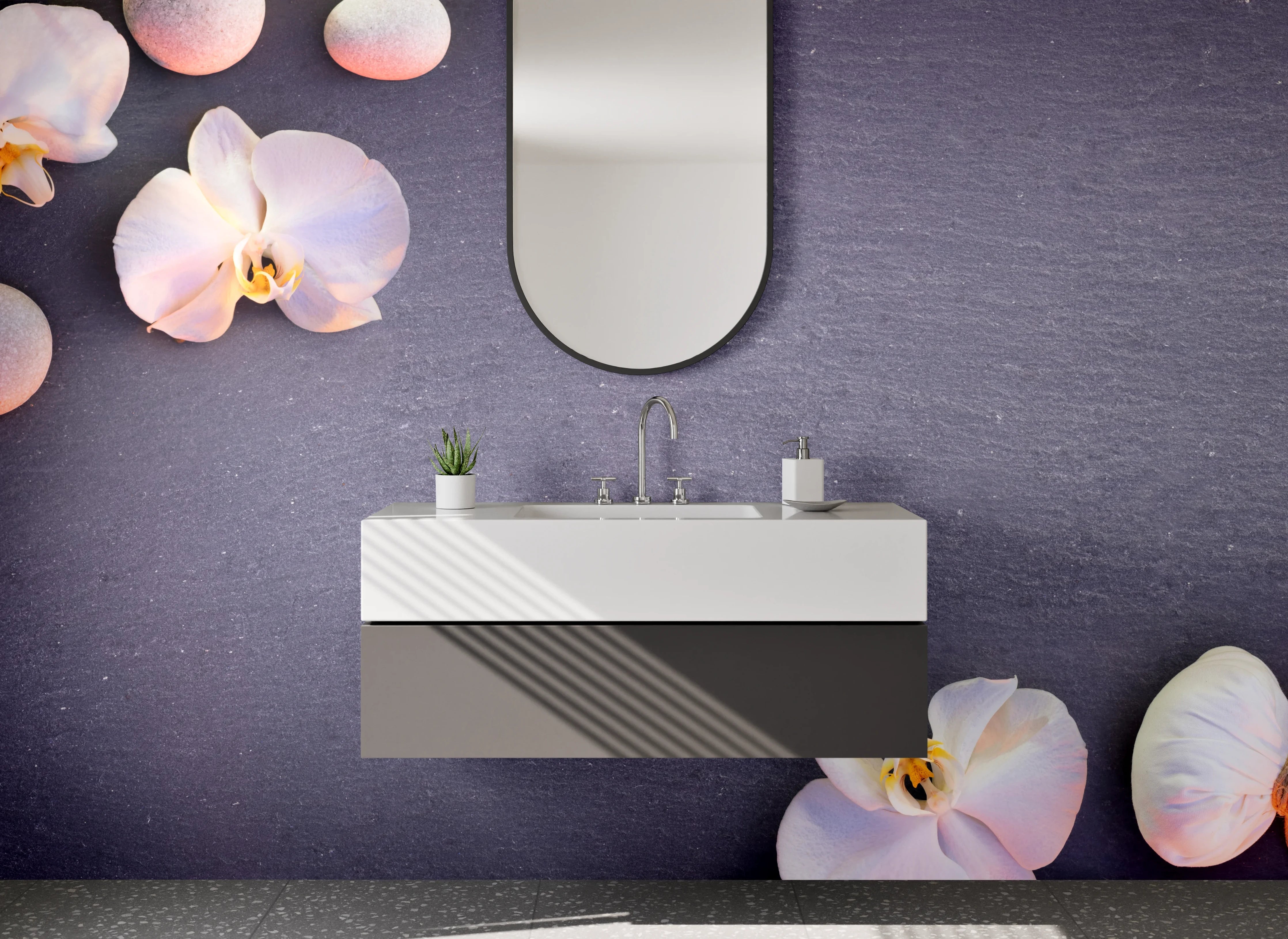 Waschbecken-Rückwand - Wellness-Orchideen auf grauer Steinplatte