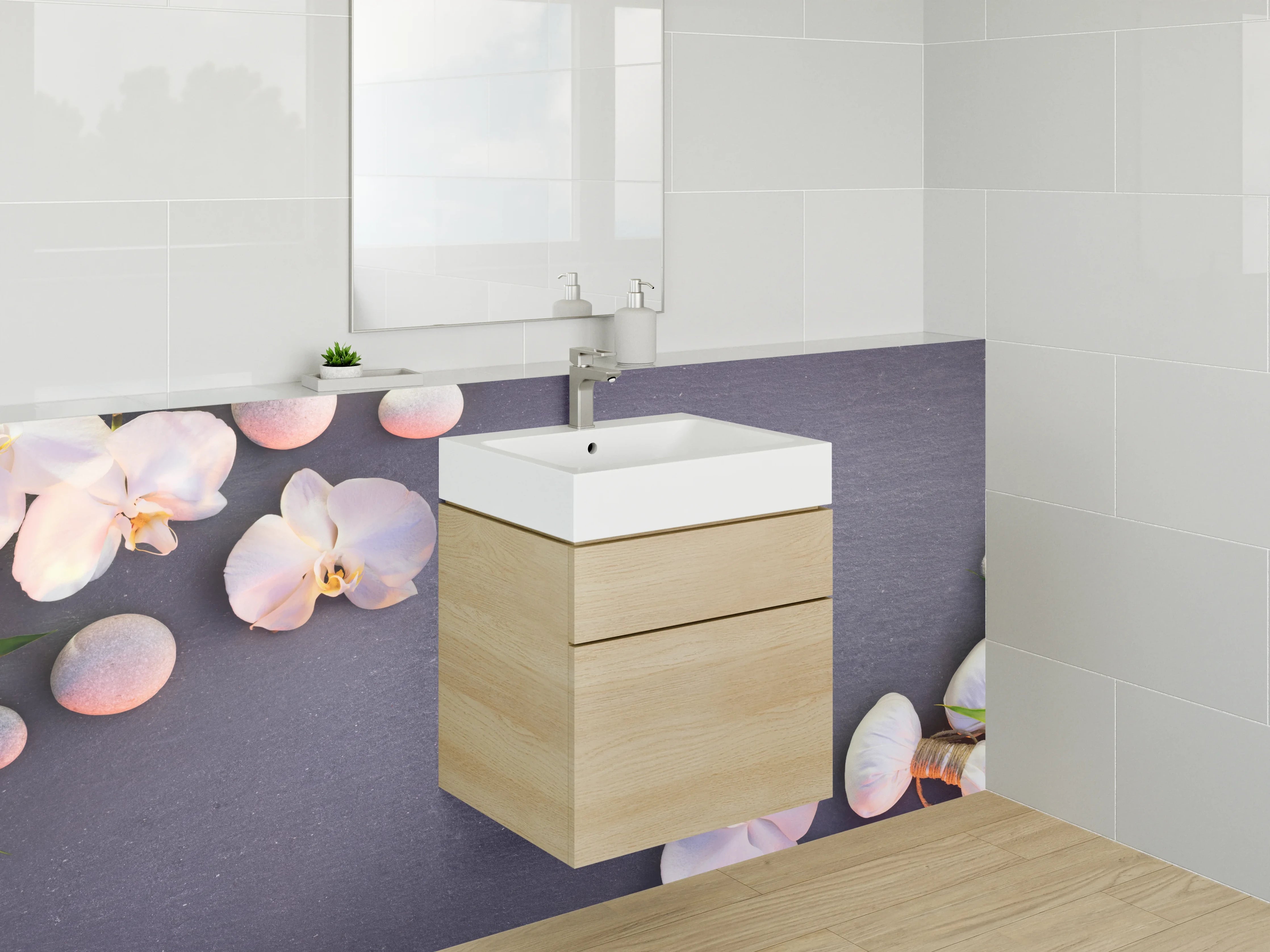 Waschbecken-Rückwand - Wellness-Orchideen auf grauer Steinplatte
