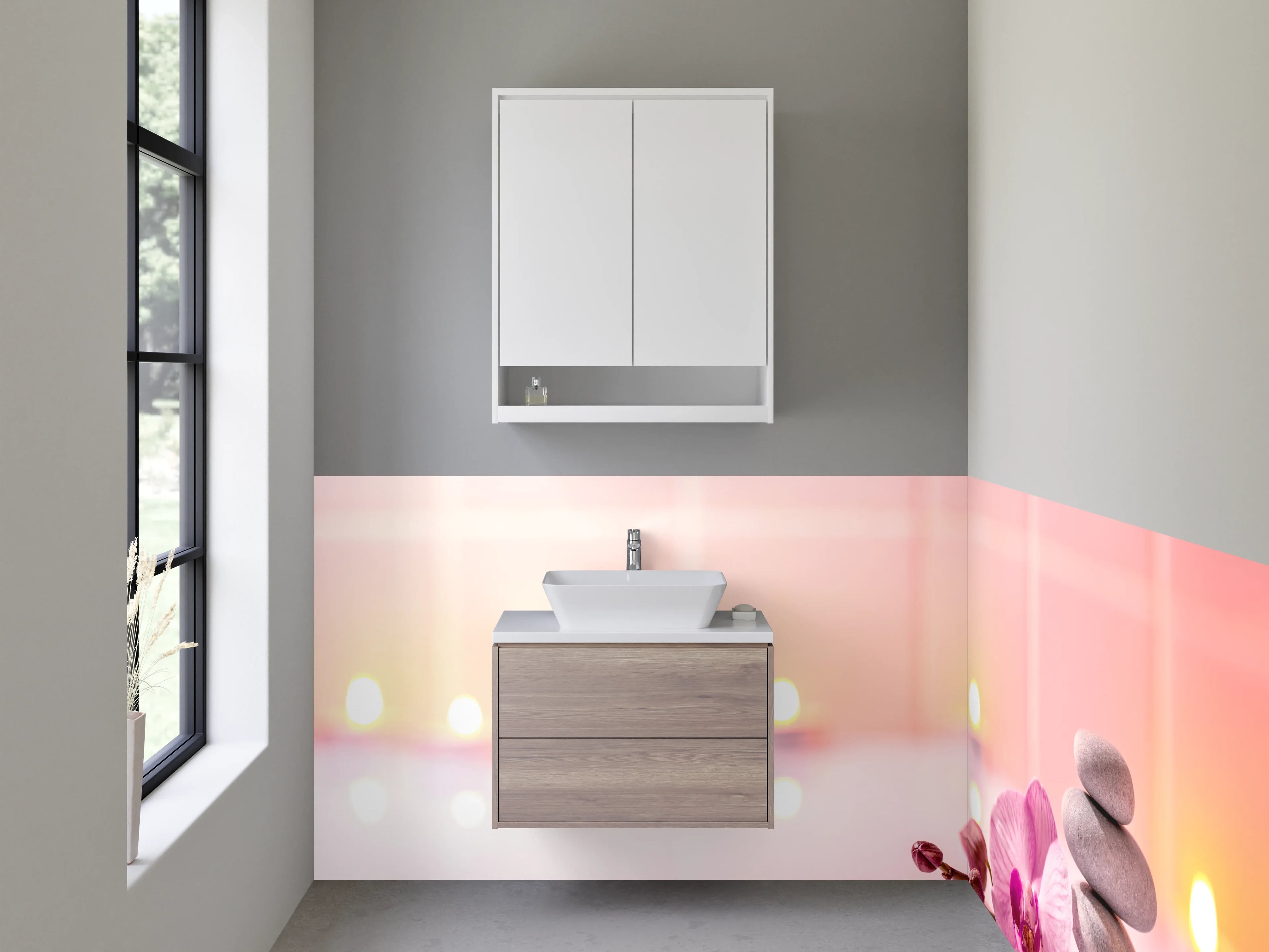 Waschbecken-Rückwand - Wellness Steine und Orchidee Rosa Weiß