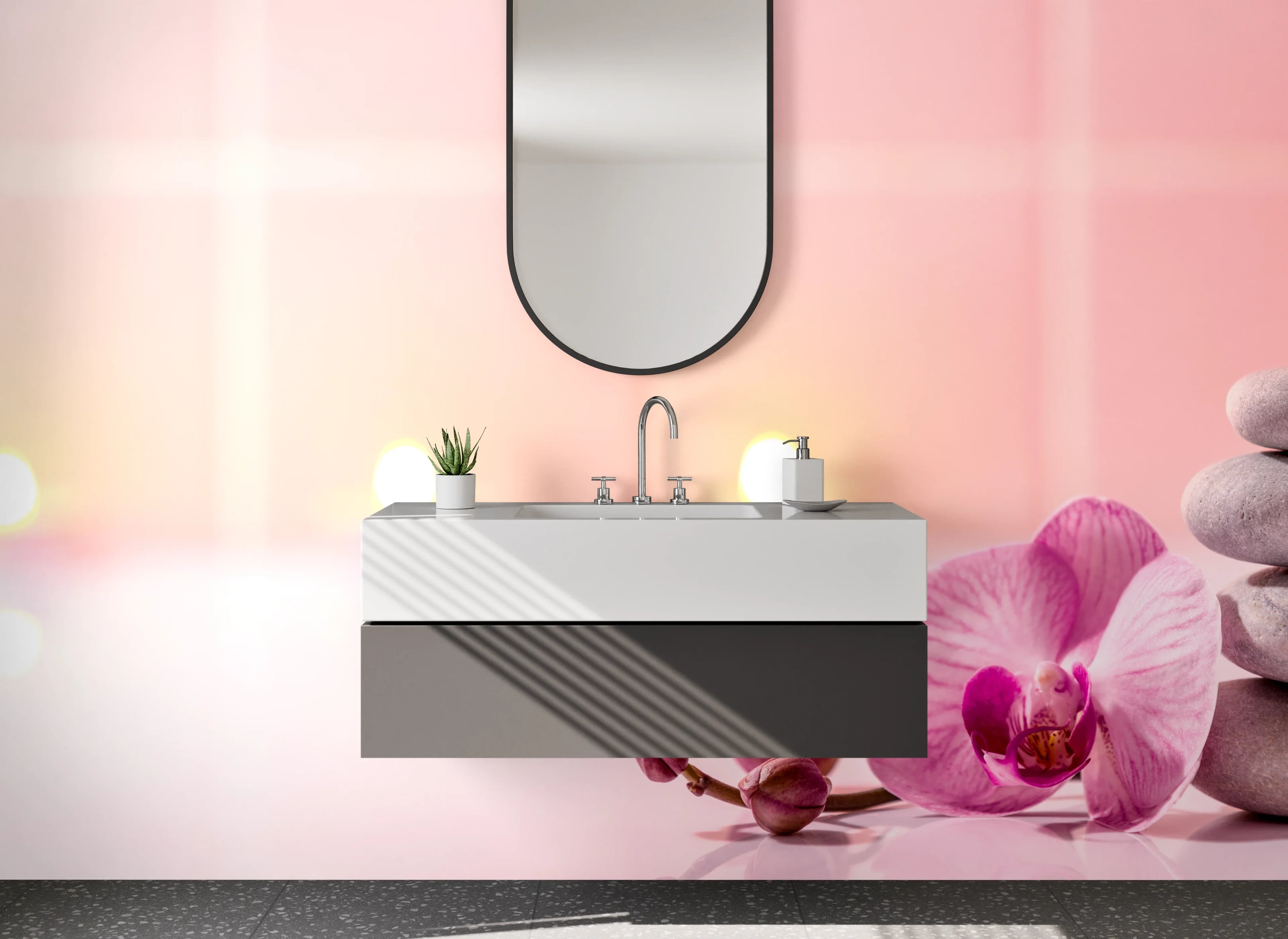 Waschbecken-Rückwand - Wellness Steine und Orchidee Rosa Weiß
