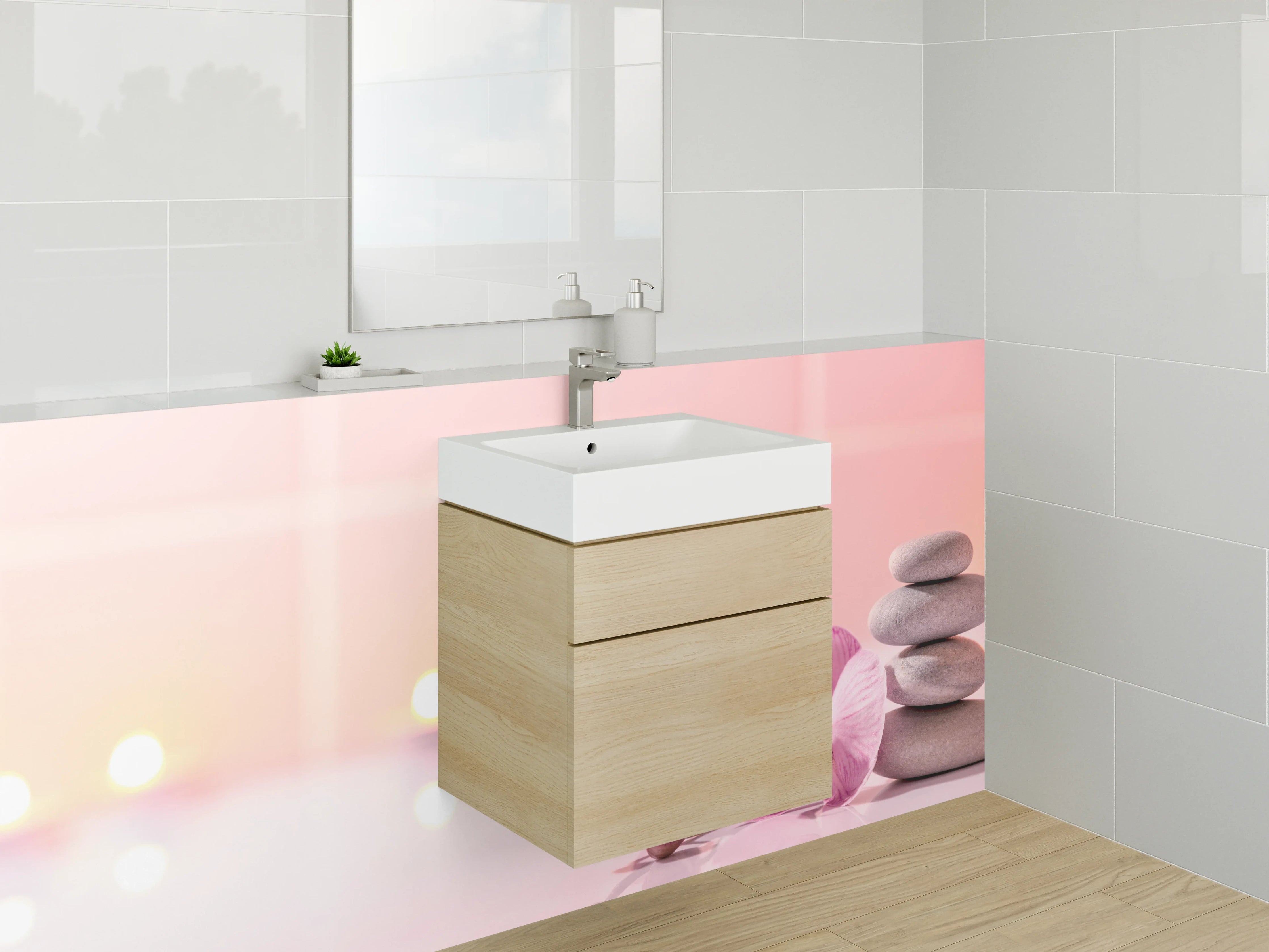 Waschbecken-Rückwand - Wellness Steine und Orchidee Rosa Weiß