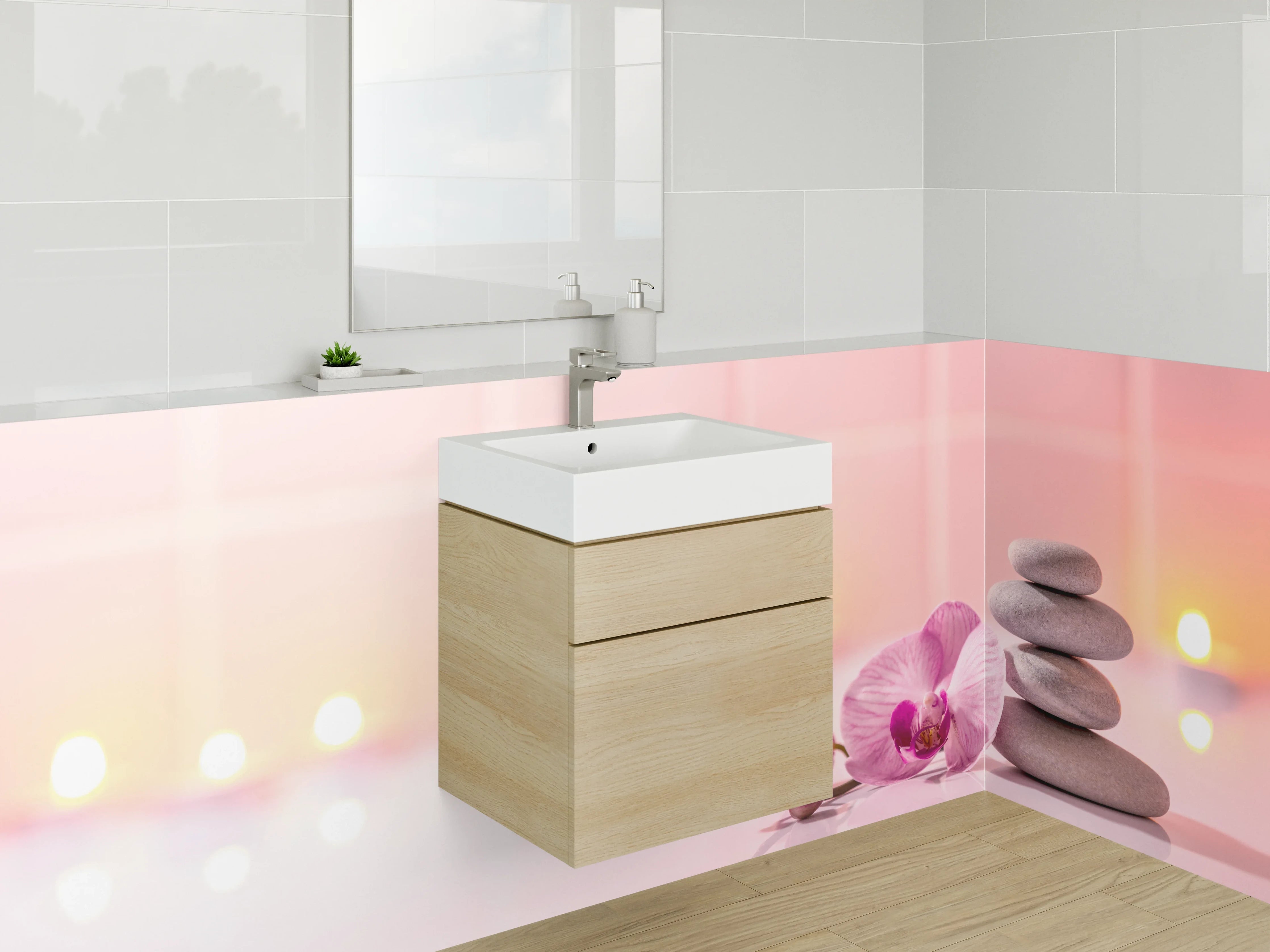 Waschbecken-Rückwand - Wellness Steine und Orchidee Rosa Weiß