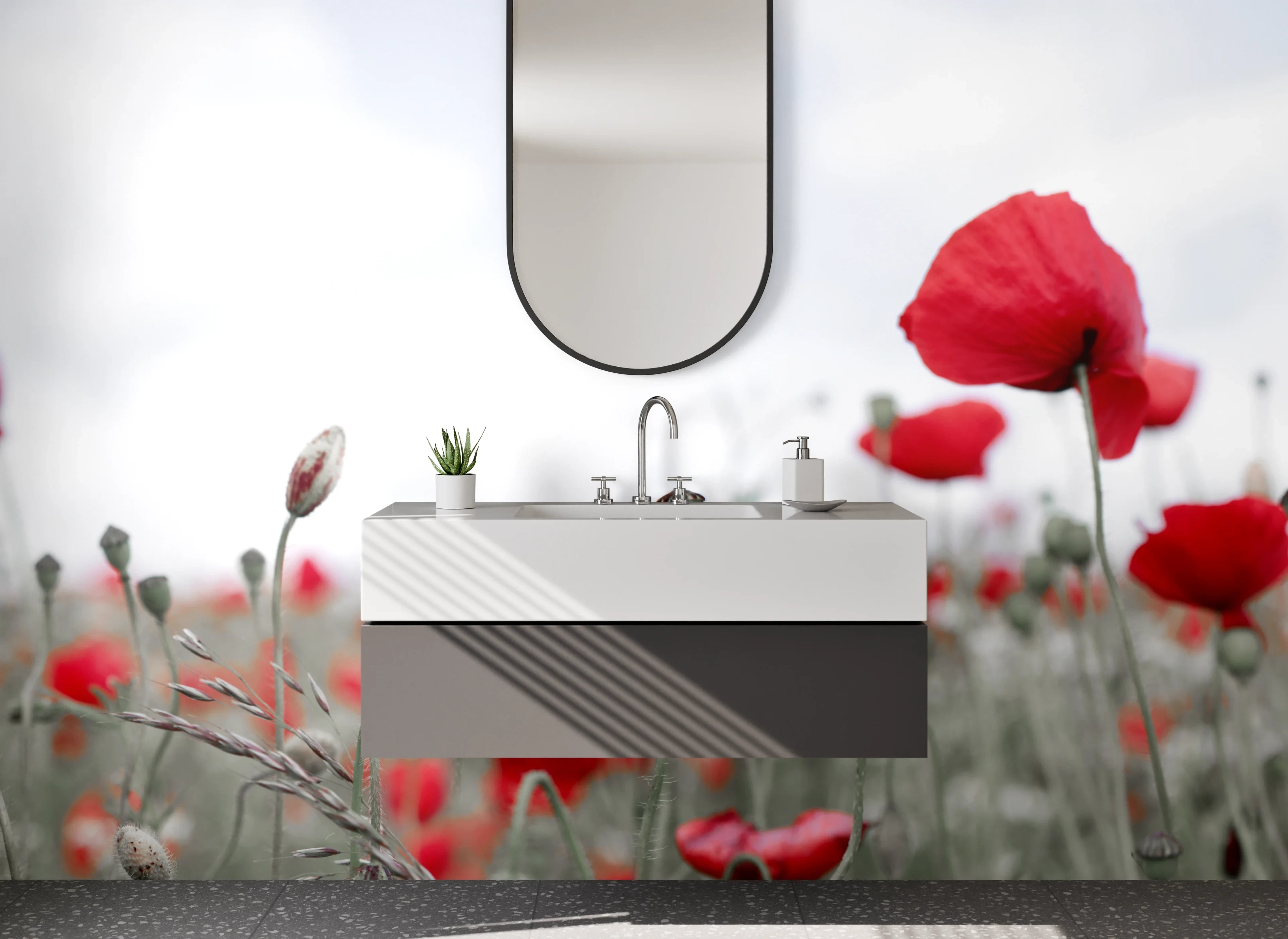 Waschbecken-Rückwand - Wiesen-Mohnblumen Sommermotiv