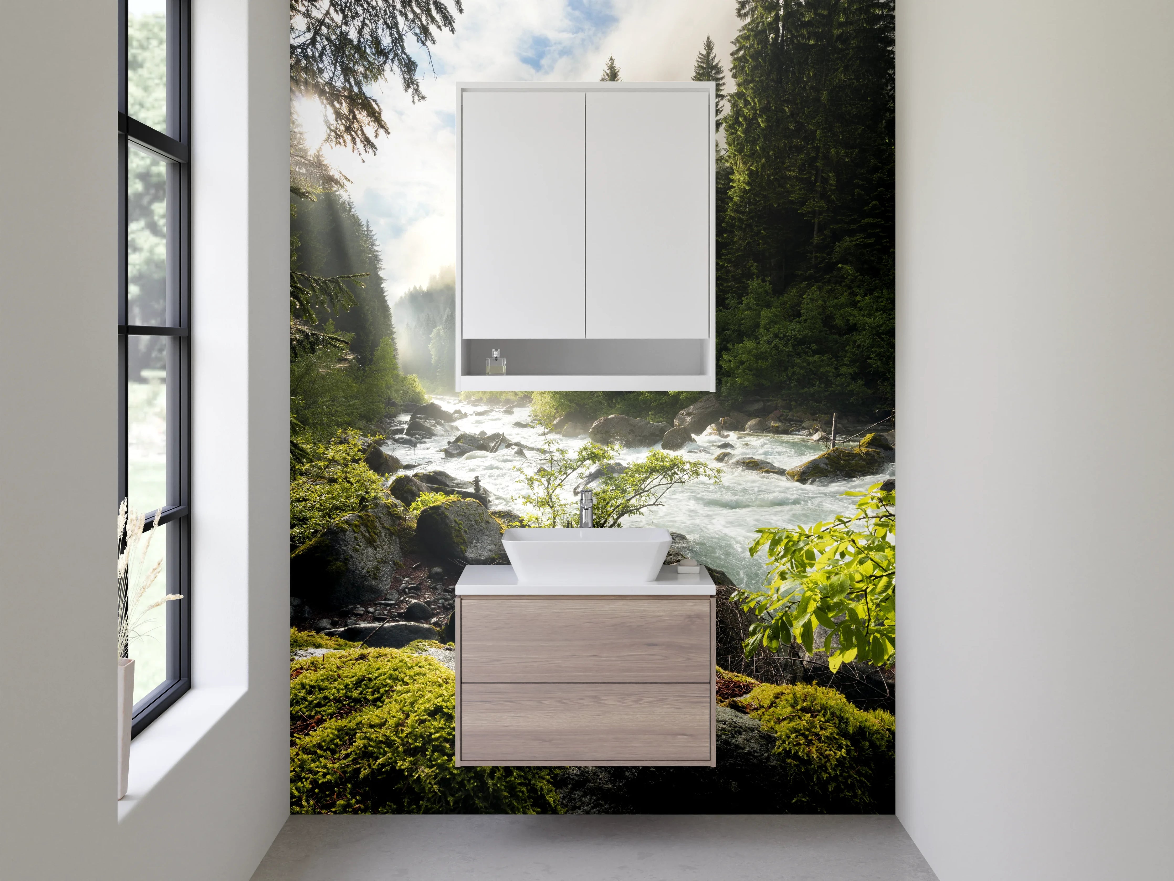 Waschbecken-Rückwand - Wildromantischer Gebirgsfluss im Morgenlicht