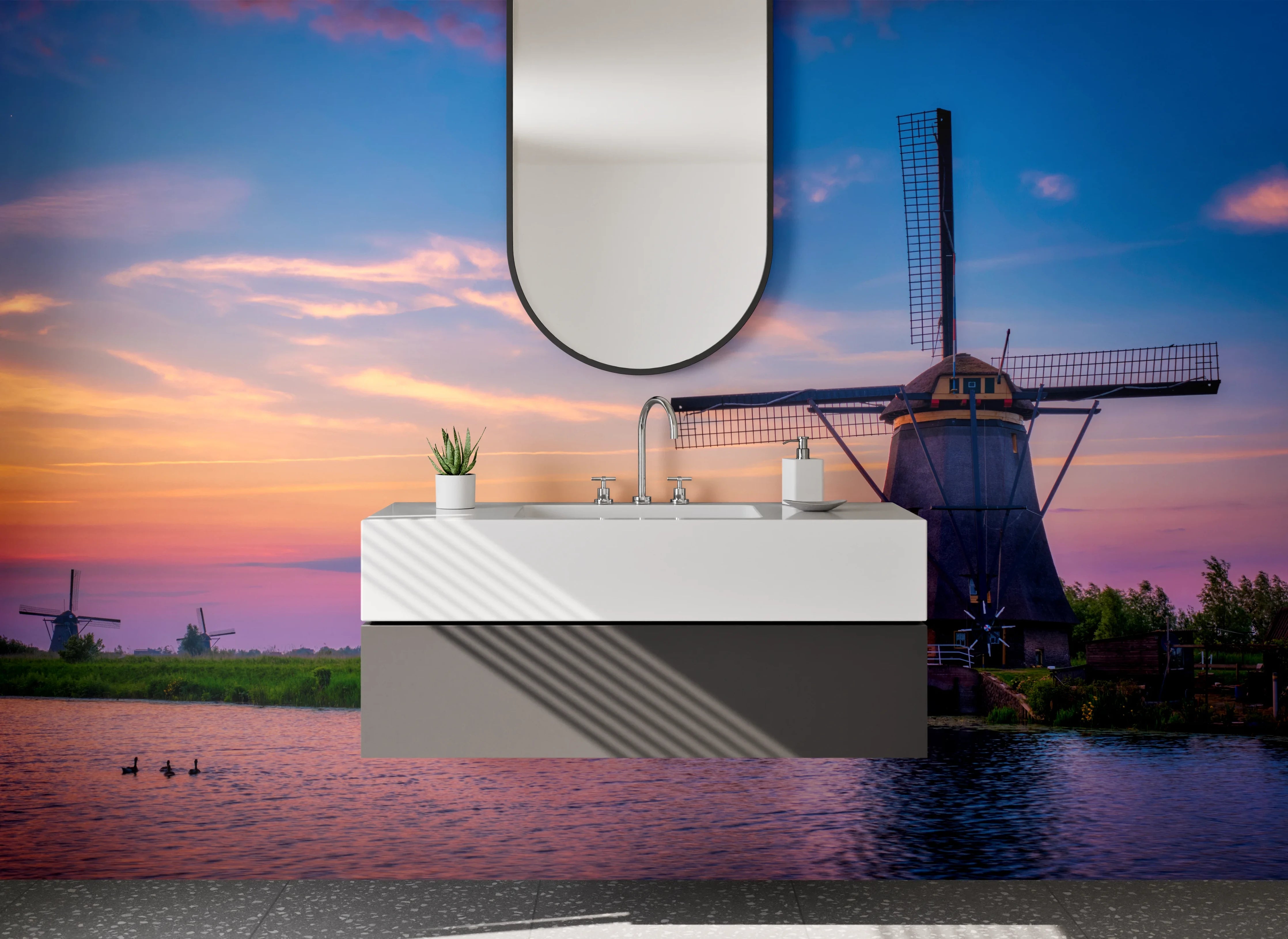 Waschbecken-Rückwand - Windmühle am See bei Sonnenuntergang