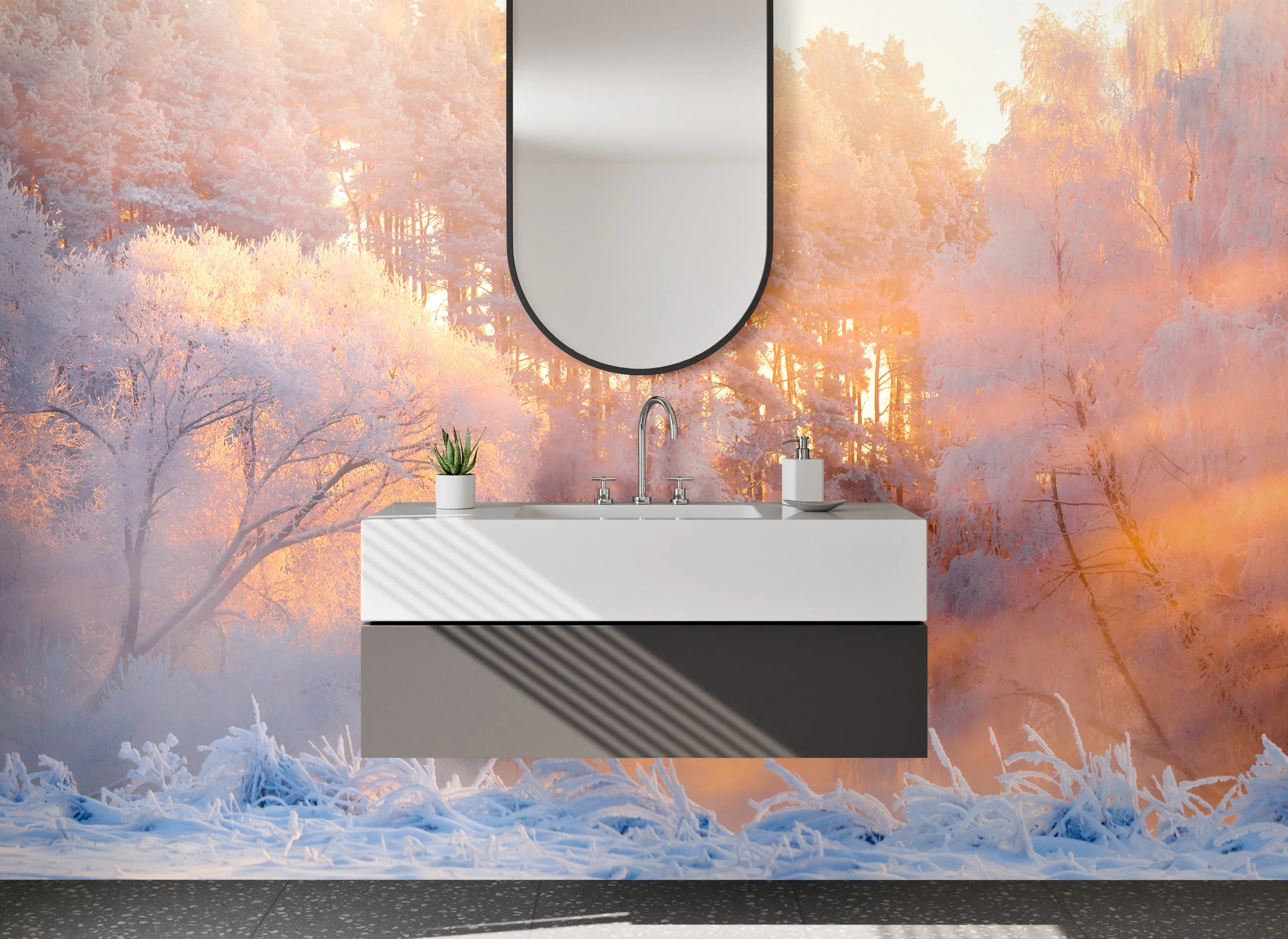Waschbecken-Rückwand - Winterwald im goldenen Morgenlicht
