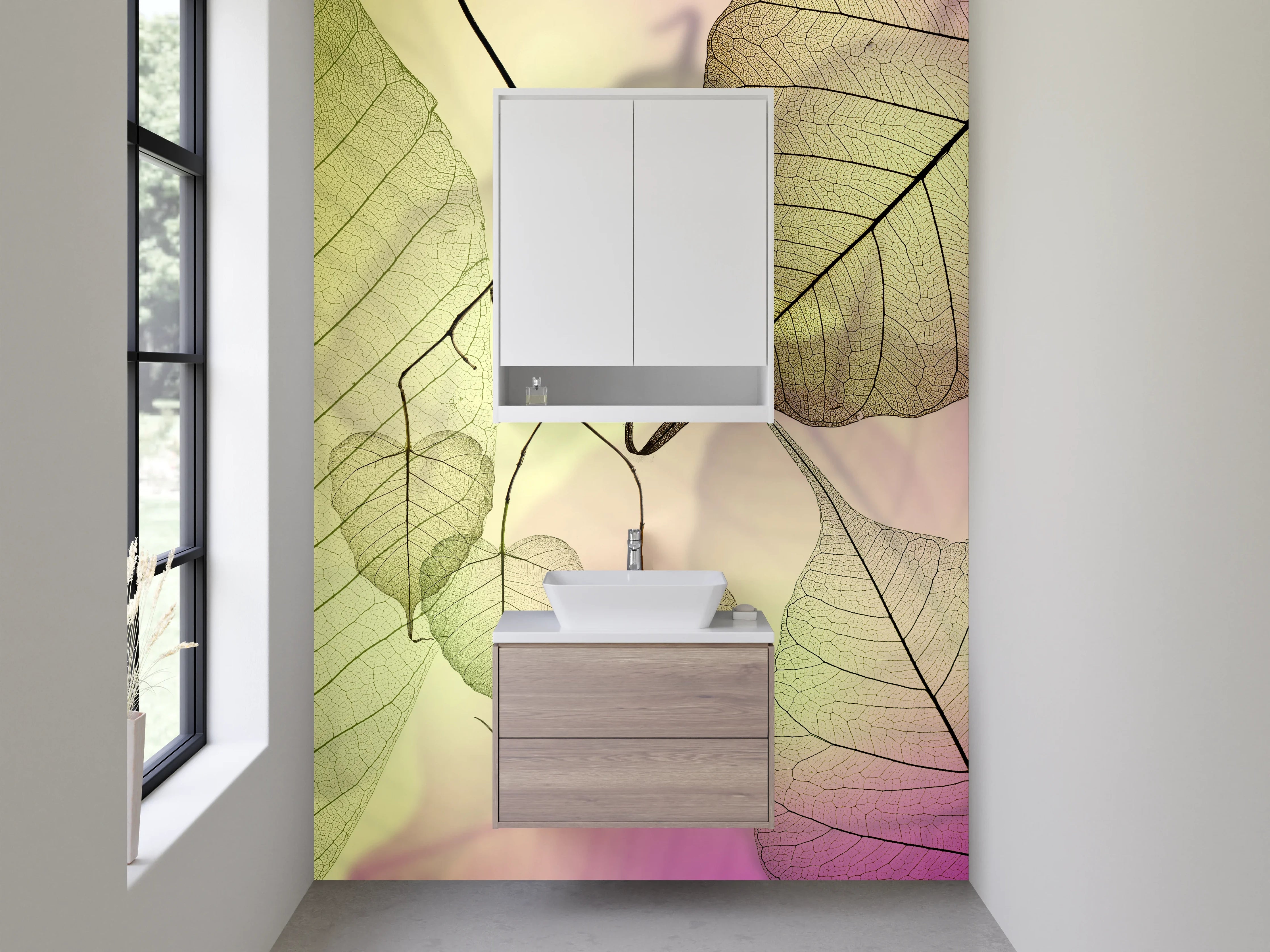 Waschbecken-Rückwand - Zarte Blätter Transparenz Pastelltrend