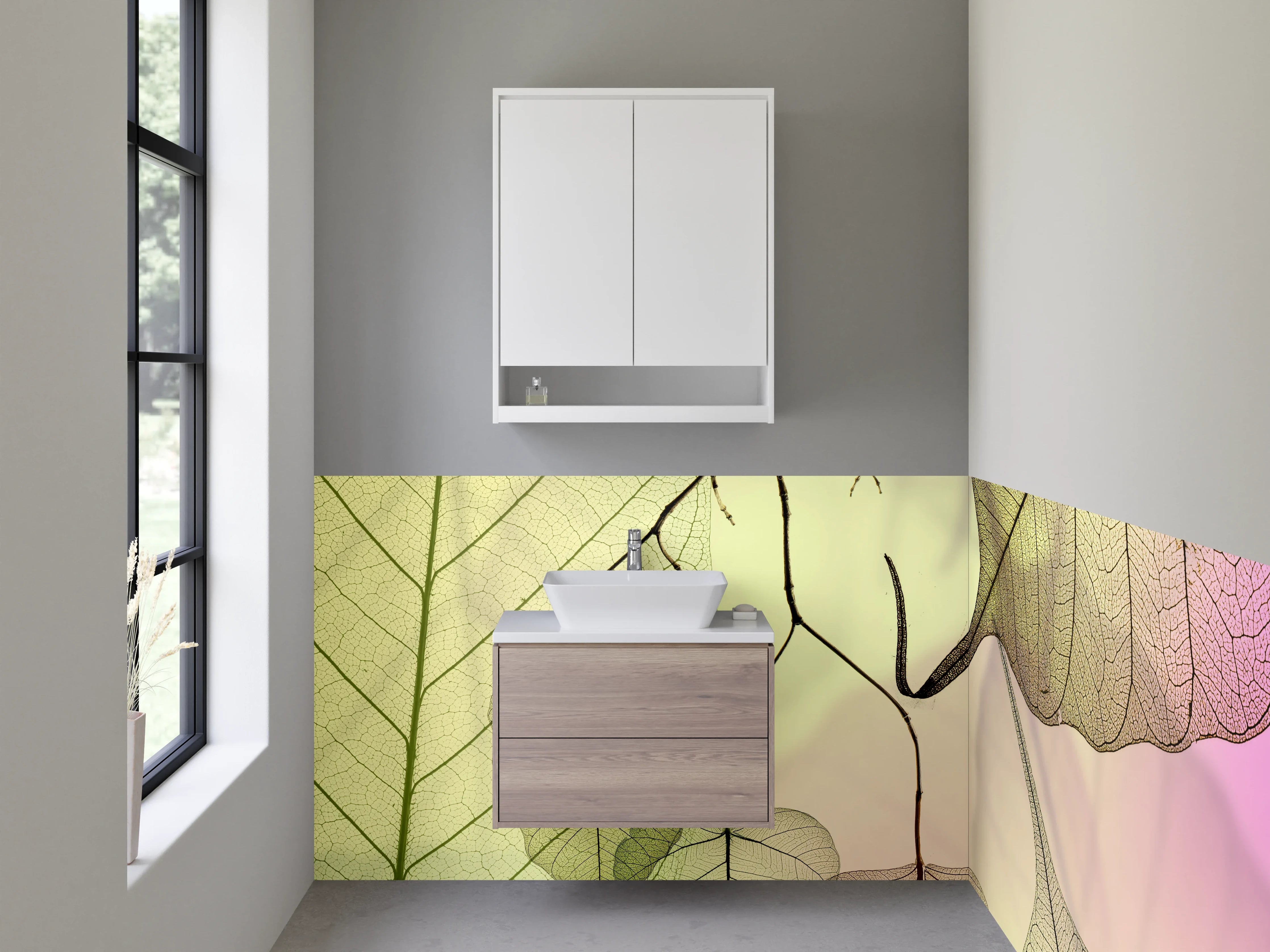Waschbecken-Rückwand - Zarte Blätter Transparenz Pastelltrend