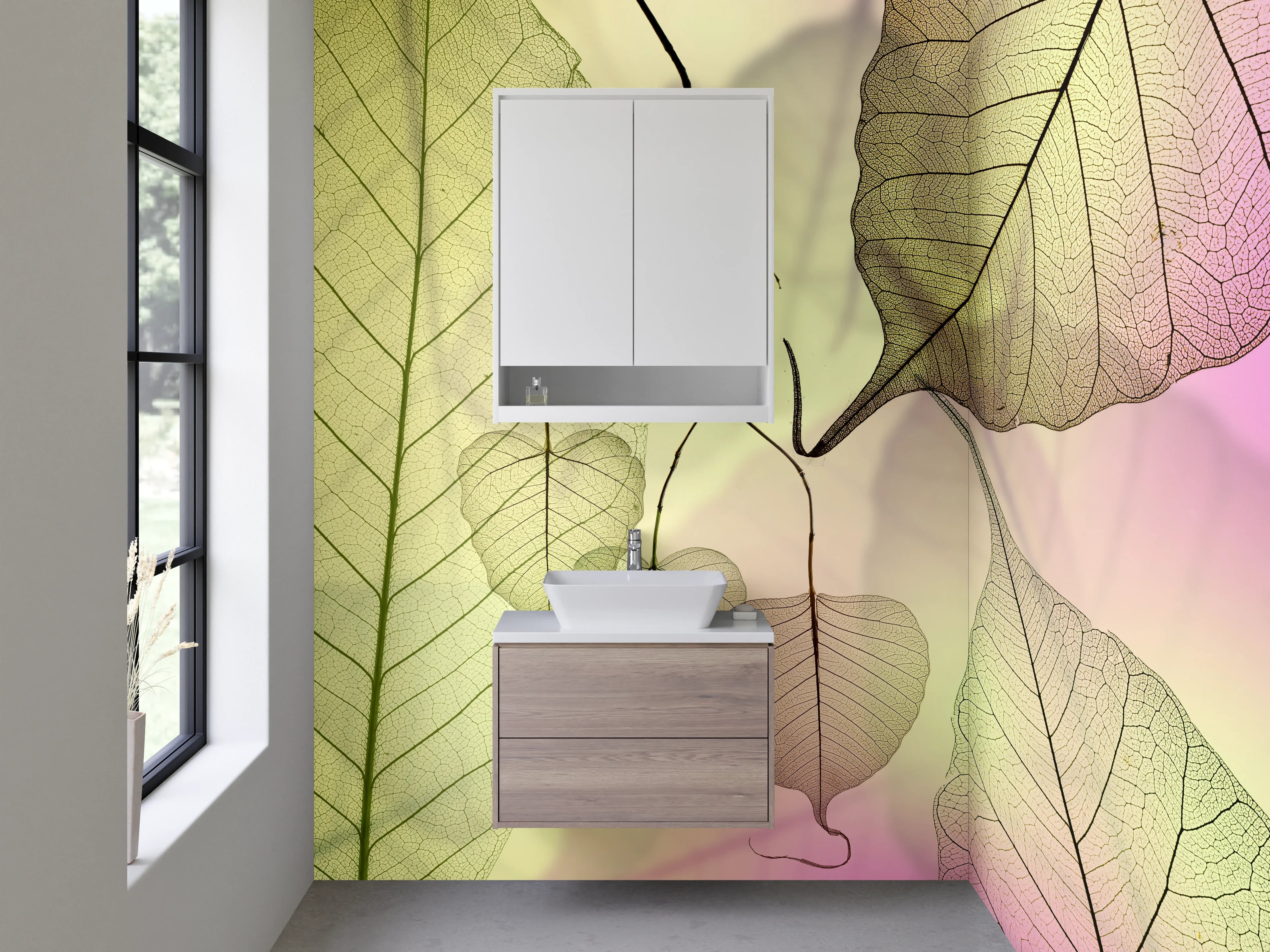 Waschbecken-Rückwand - Zarte Blätter Transparenz Pastelltrend