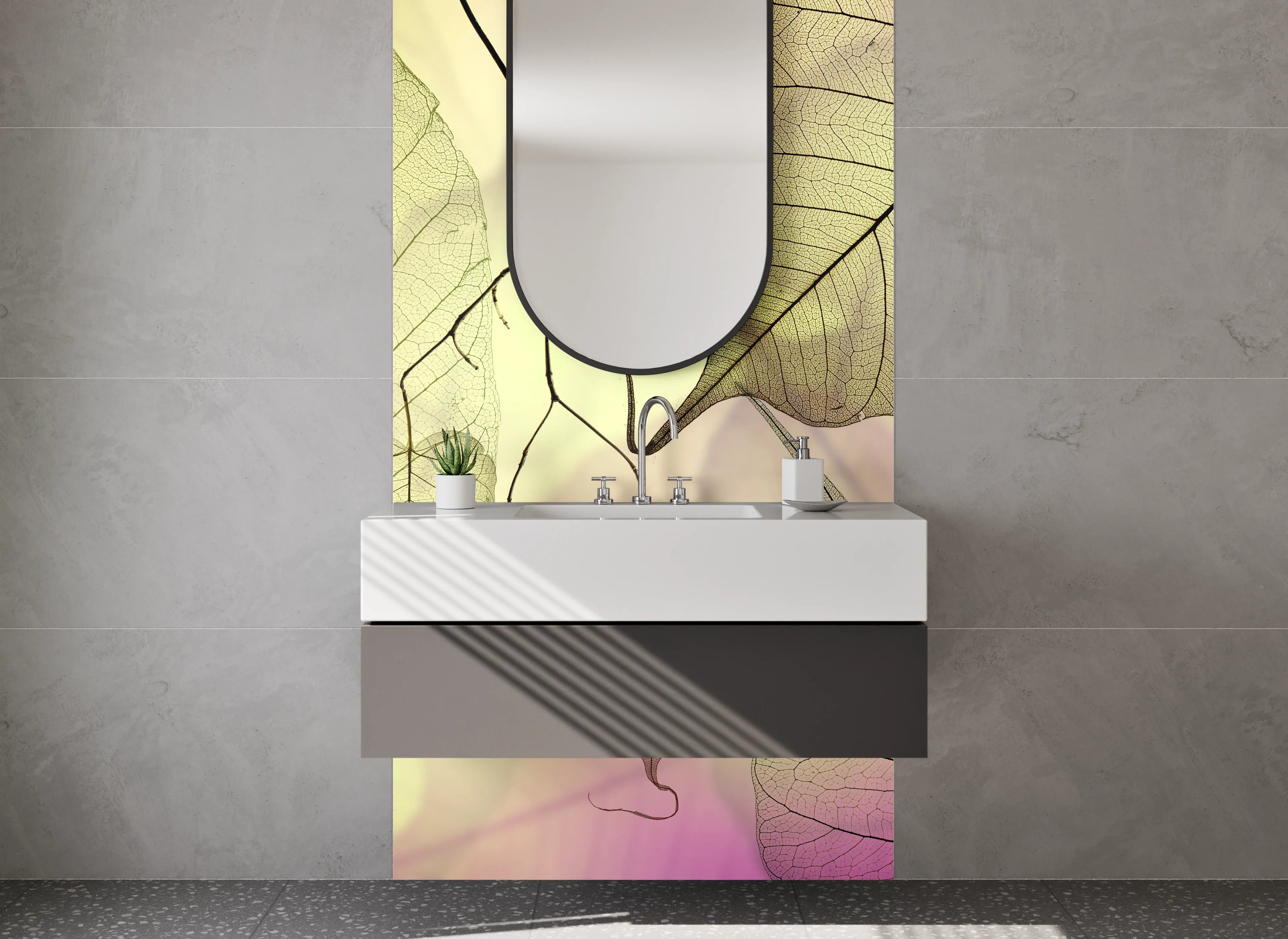 Waschbecken-Rückwand - Zarte Blätter Transparenz Pastelltrend